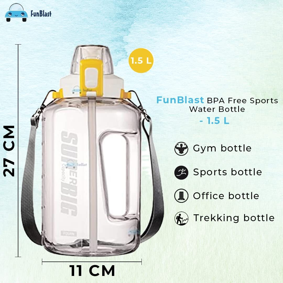 FunBlast 1.5 Litre Large Capacity, BPA Free Sports Water Bottle/Protein Gallon Bottle, Leakproof Gallon Water Bottle for Gym, Sports Gallon Bottle, Protein Shaker, Water Bottle for Gym