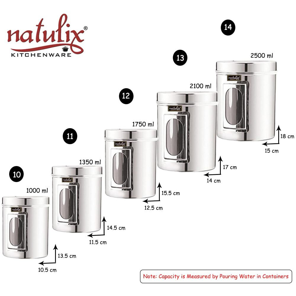 NATULIX Stainless Steel Containers for kitchen with See Through Window | Kitchen Containers Set | Silver Mirror Finish | Set of 5