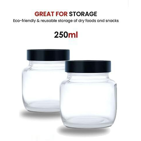 CLOUDMART Piramal Glass Black Lid Aahar 250ml Glass jar with Air tight Black Plastic lid for Home and Kitchen-candy spices salt herbs storage jar||Glass Spice Container (250ml,set of 12)