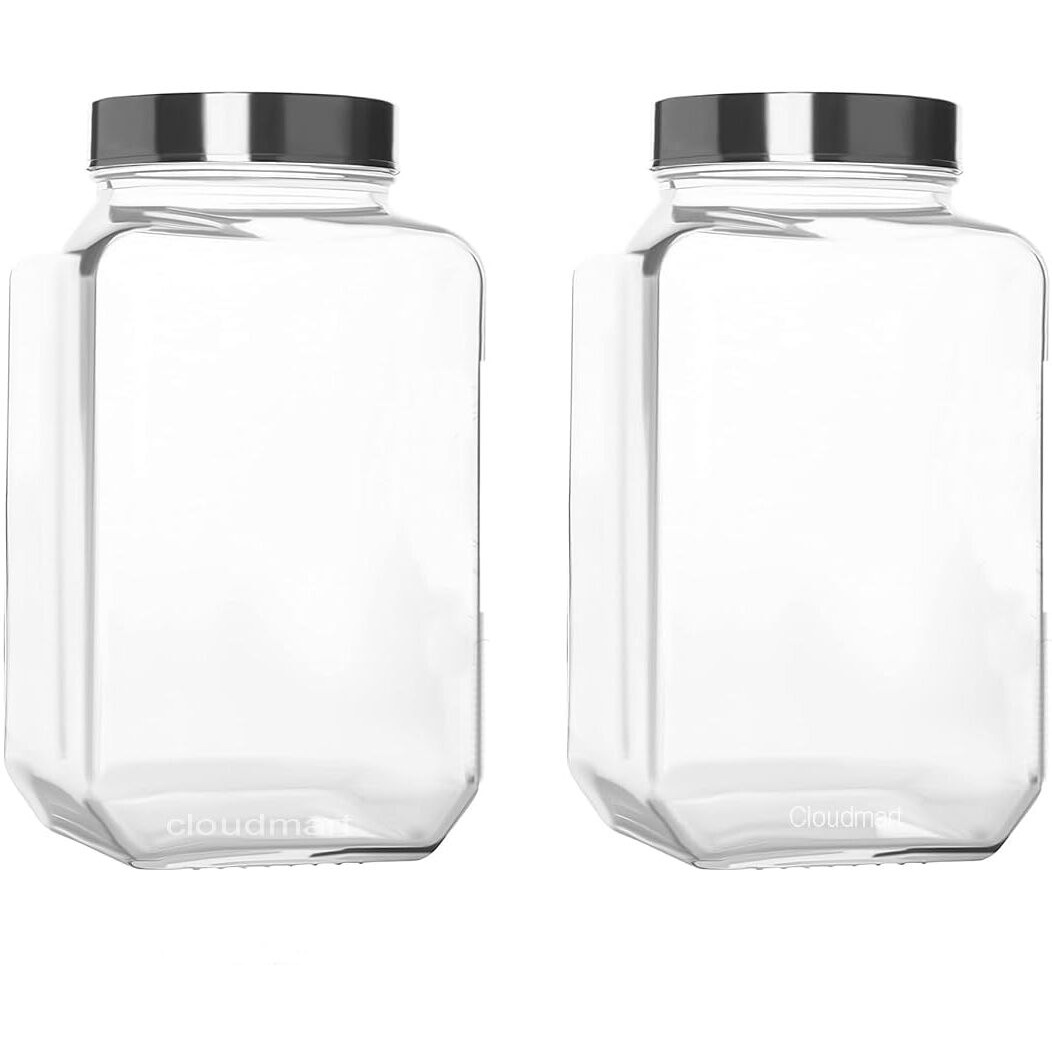 CLOUDMART 3000ml Clear Glass Jar Container With Airtight See through Steel Lid for home and kitchen || Pickle snacks pasta Coffee Sugar jar || Kitchen storage jar set (Cubical Square-3 kg-set of 2)