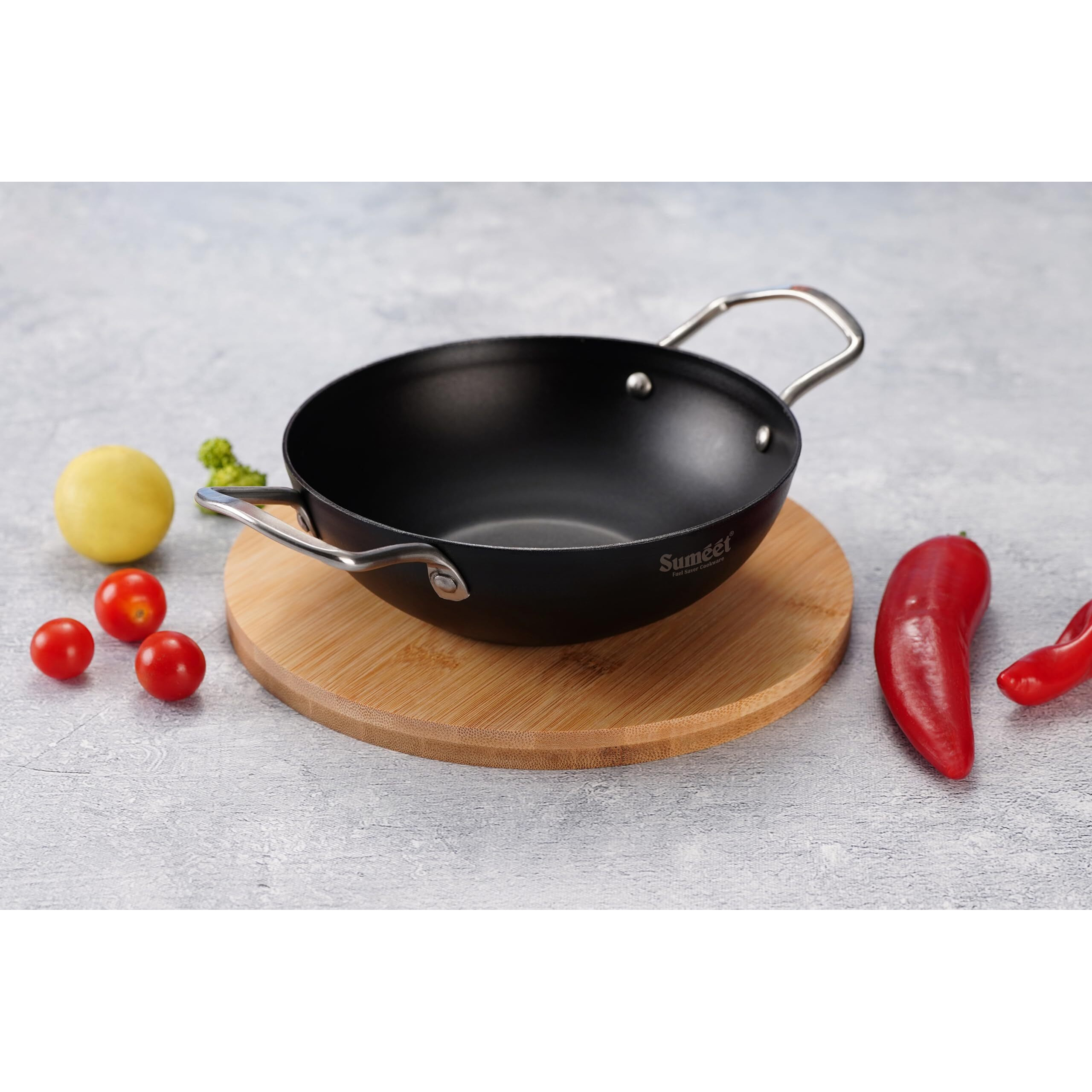 Sumeet Super Smooth Pre Seasoned Carbon Steel (Iron) Deep Kadai for Cooking and Deep Frying|Naturally Nonstick |22cm | 1750ml, Gas & Induction-Friendly, Black