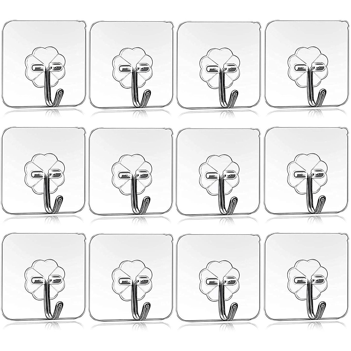 ZEYFLEEB Self Adhesive Pack of 12Pcs Plastic Wall Hooks Heavy Duty Hooks for Hanging 10KG (Max) Magic Stickers Hooks Seamless Transparent Adhesive Hook (Transparent)