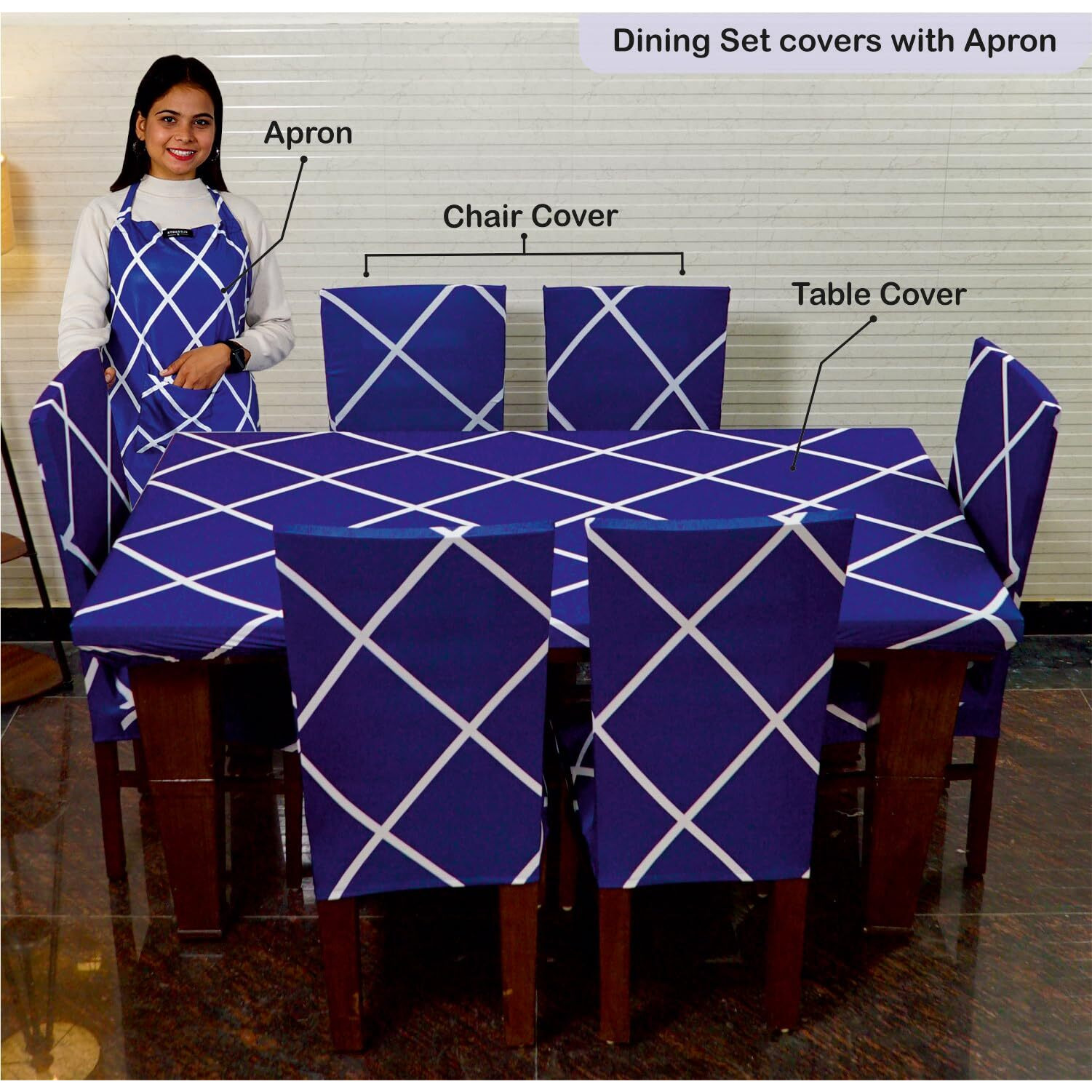 ELEGANTA Dining Table Cover 6 Seater, Table Cover, Dining Table Cover, Chair Cover, Polyester Spandex Chair Cover, Washable, Fade Resistant, Anti Slip, Flexible Slipcover Stretch Fit (Blue Diamond)