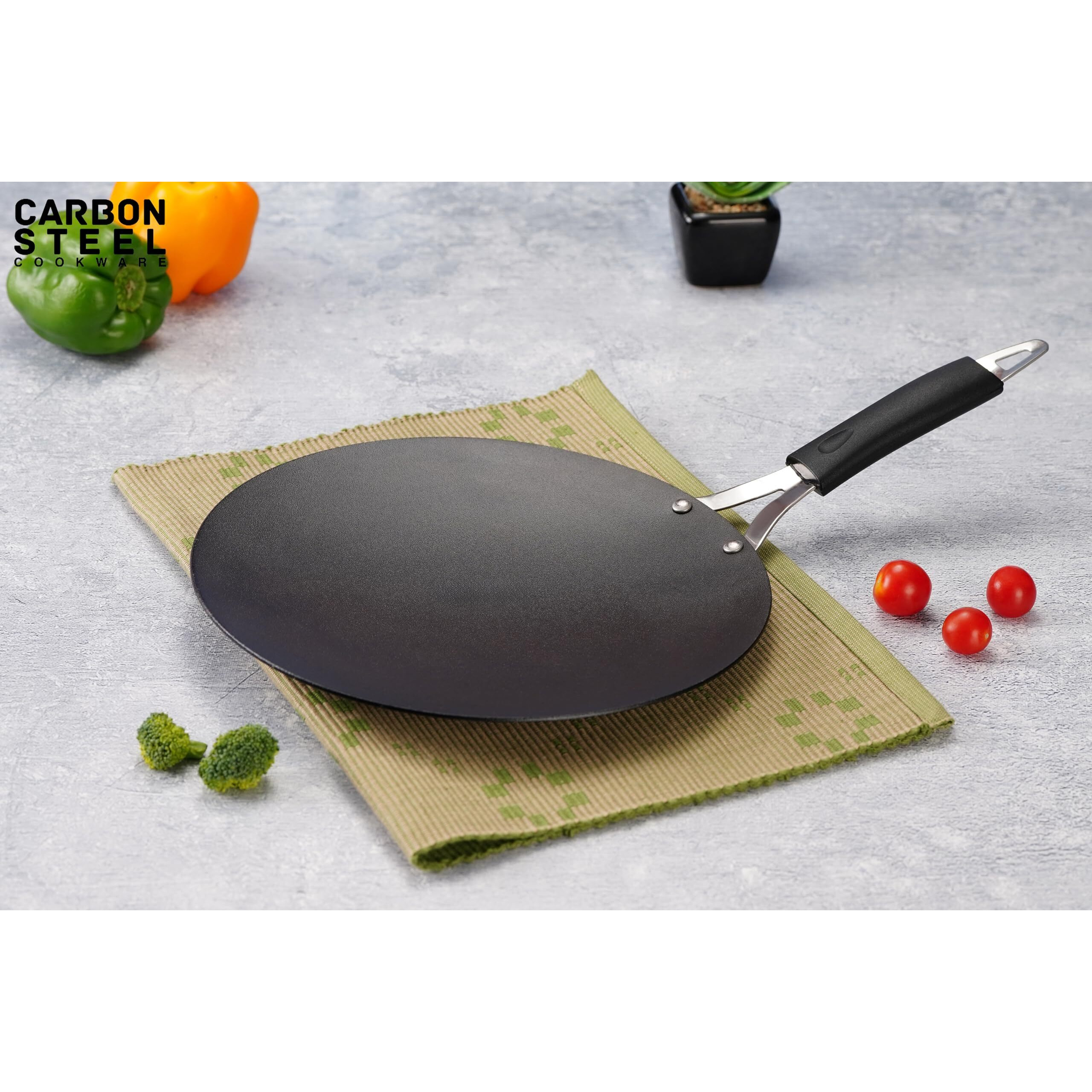 Sumeet Super Smooth Pre Seasoned Carbon Steel (Iron) Concave Tawa for Roti, Chapati, Paratha, Chila |Naturally Nonstick |25cm, Gas & Induction-Friendly, Black