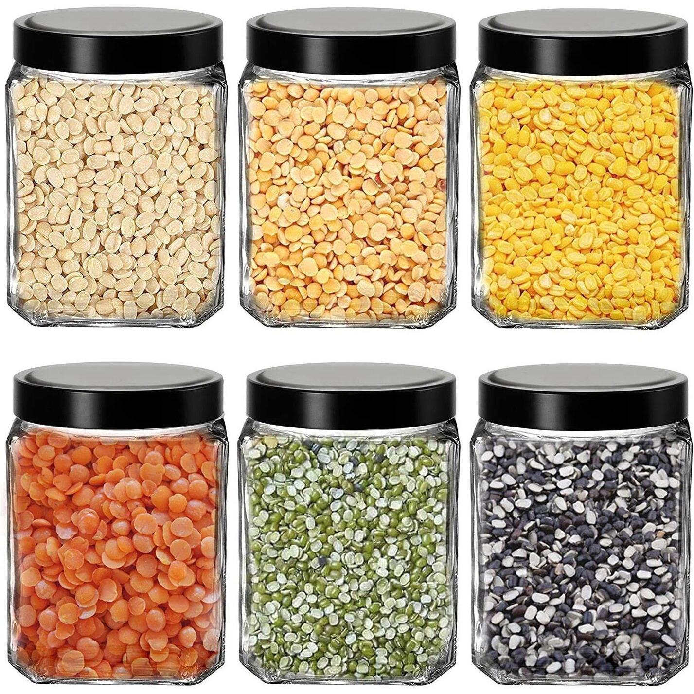 CLOUDMART Piramal Glass Square Clear Jars & Containers for Kitchen Pantry, Snacks, Masala, Honey, Cookies, DryFruits, Coffee Beans Storage with Black Color Plastic Lid (Cube Jar, 600ml, Set Of 6)