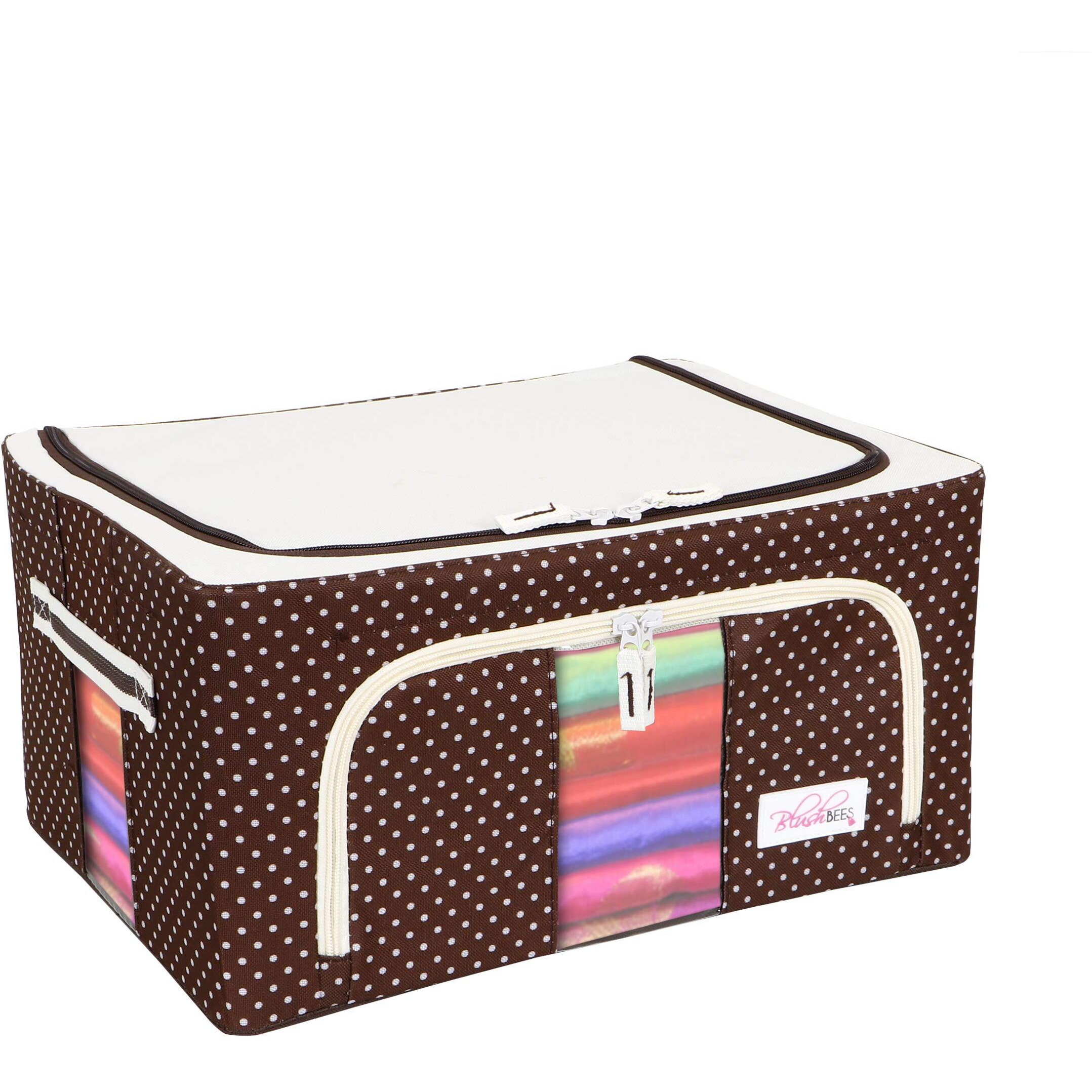 BlushBees  Living Box - Storage Boxes for Clothes, Oxford Fabric Saree Cover -Polka Dots Brown, 24 L , (Brown)