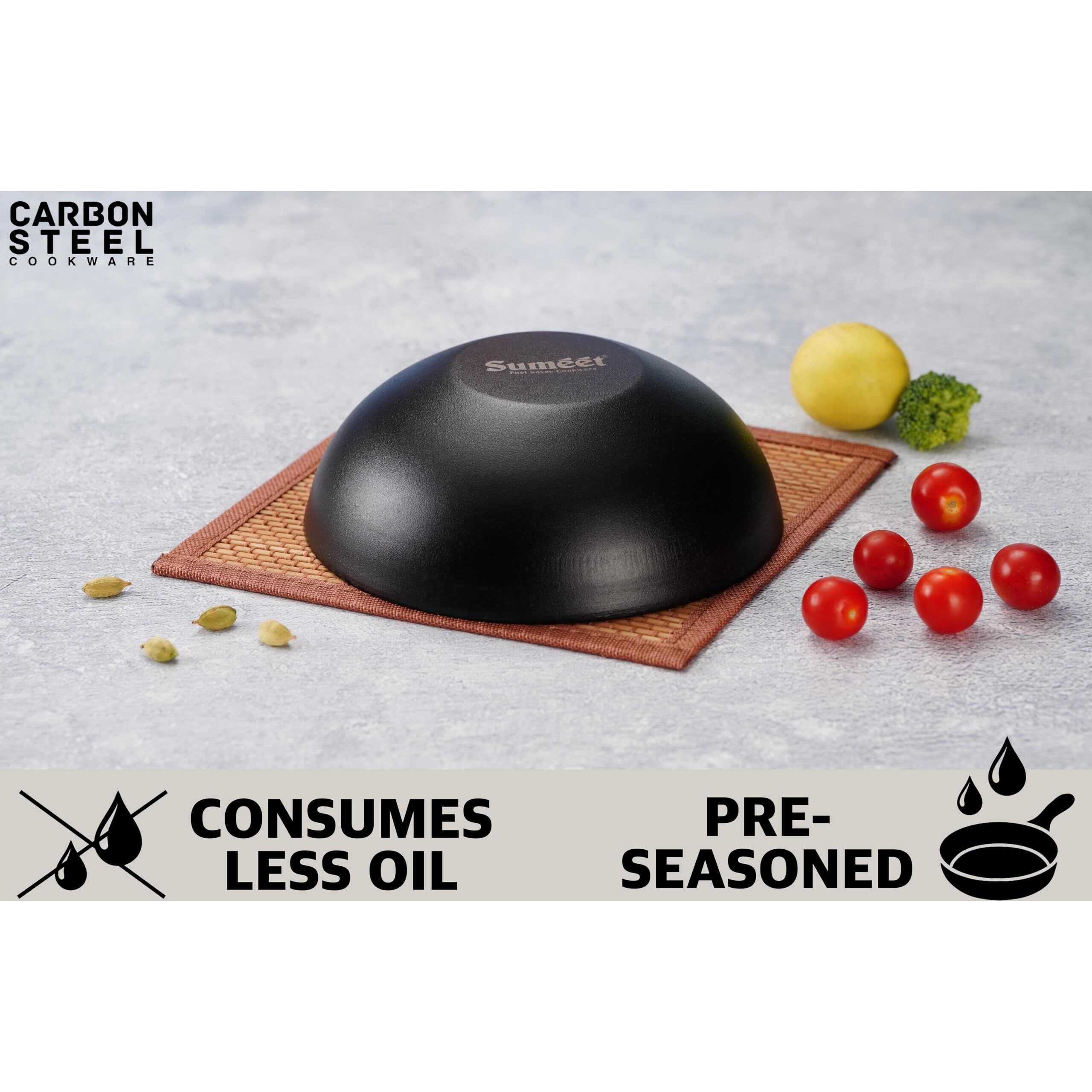 Sumeet Super Smooth Pre Seasoned Carbon Steel (Iron) Deep Tasra for Cooking and Deep Frying|Naturally Nonstick |22cm | 1750ml, Gas & Induction-Friendly, Black