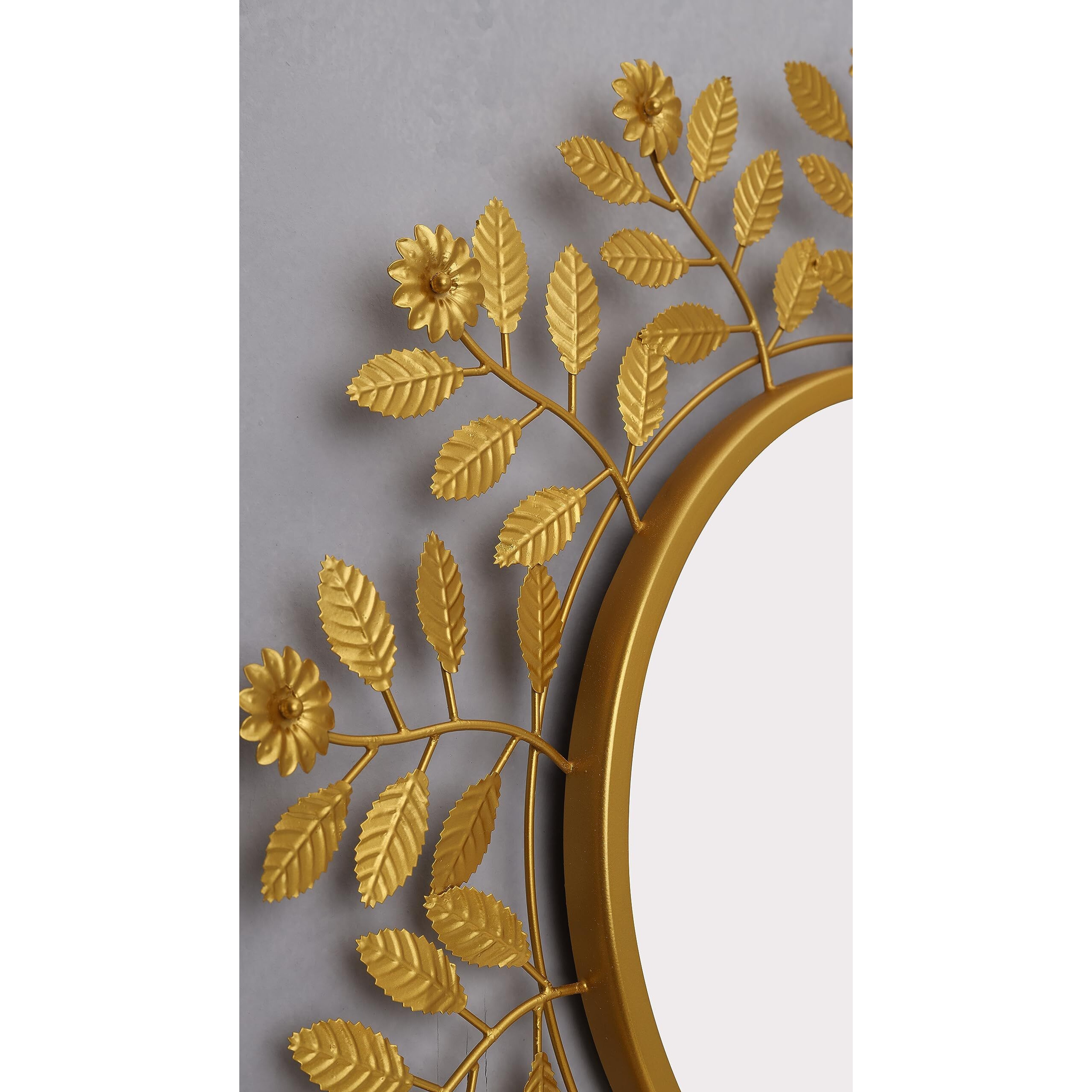 METALMASTERY Cast Iron Sunflower Round Stems & Leaves Decorative Wall Mount Mirror-Add A Touch Of Glamour To Your Space (Gold)