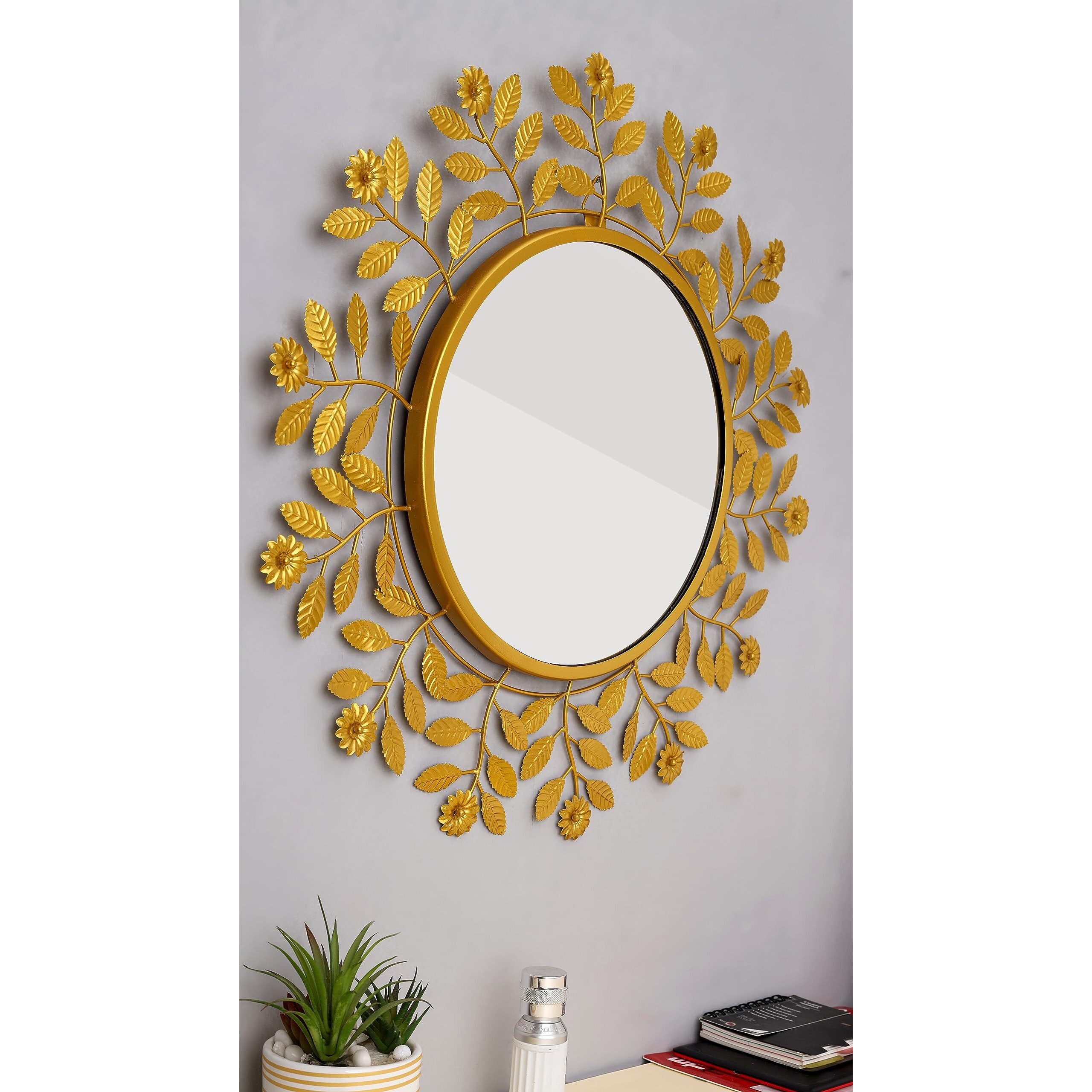 METALMASTERY Cast Iron Sunflower Round Stems & Leaves Decorative Wall Mount Mirror-Add A Touch Of Glamour To Your Space (Gold)