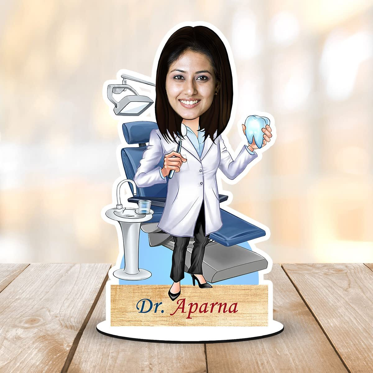 Foto Factory Gifts Personalized Caricature Gifts for Lady Dentist Doctor (wooden_8 inch x 5 inch) CA0234