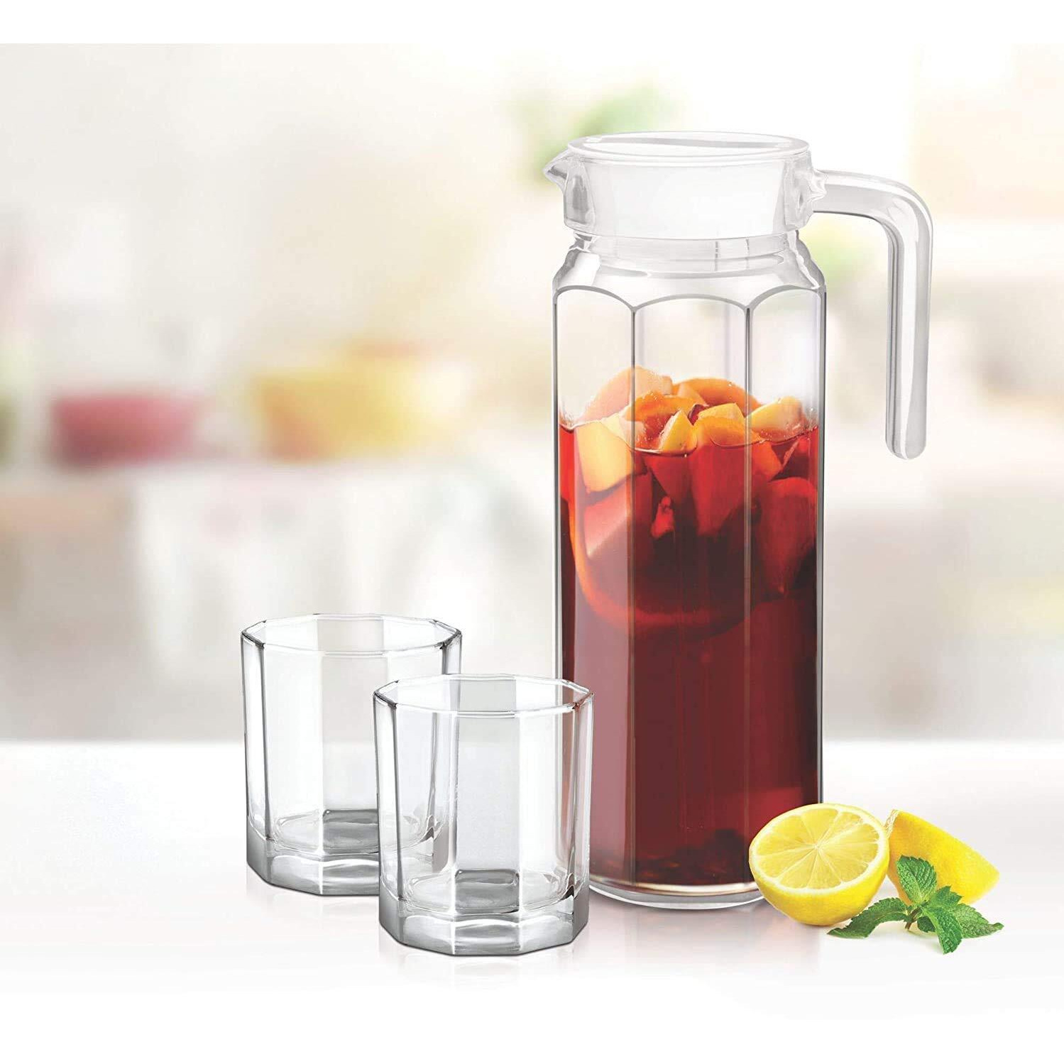 Jinelza 1100ml jug Italian Glass jug Pitcher with lid, iced Tea Pitcher Water jug, hot Cold Water, ice Tea, Wine, Milk and Juice Beverage Carafes