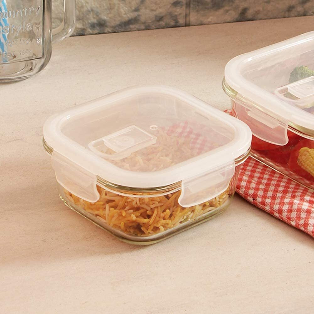 Femora Borosilicate Glass Microwave Safe Square Food Storage Container with Air Vent Lid (500ml, Set of 2), 1 Year Free Replacement