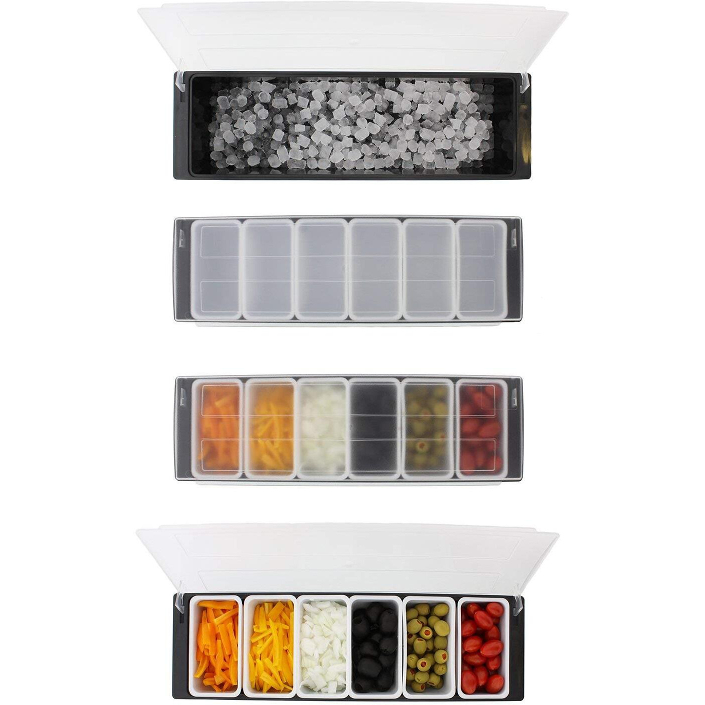 THW Ice Cooled Condiment Holder Dispenser Tray/Garnish Tray for Candy, Dips & Salad | Toppings Serving Container Chilled Garnish Tray Bar Caddy for Home Work or Restaurant and bar(6 Compartment)