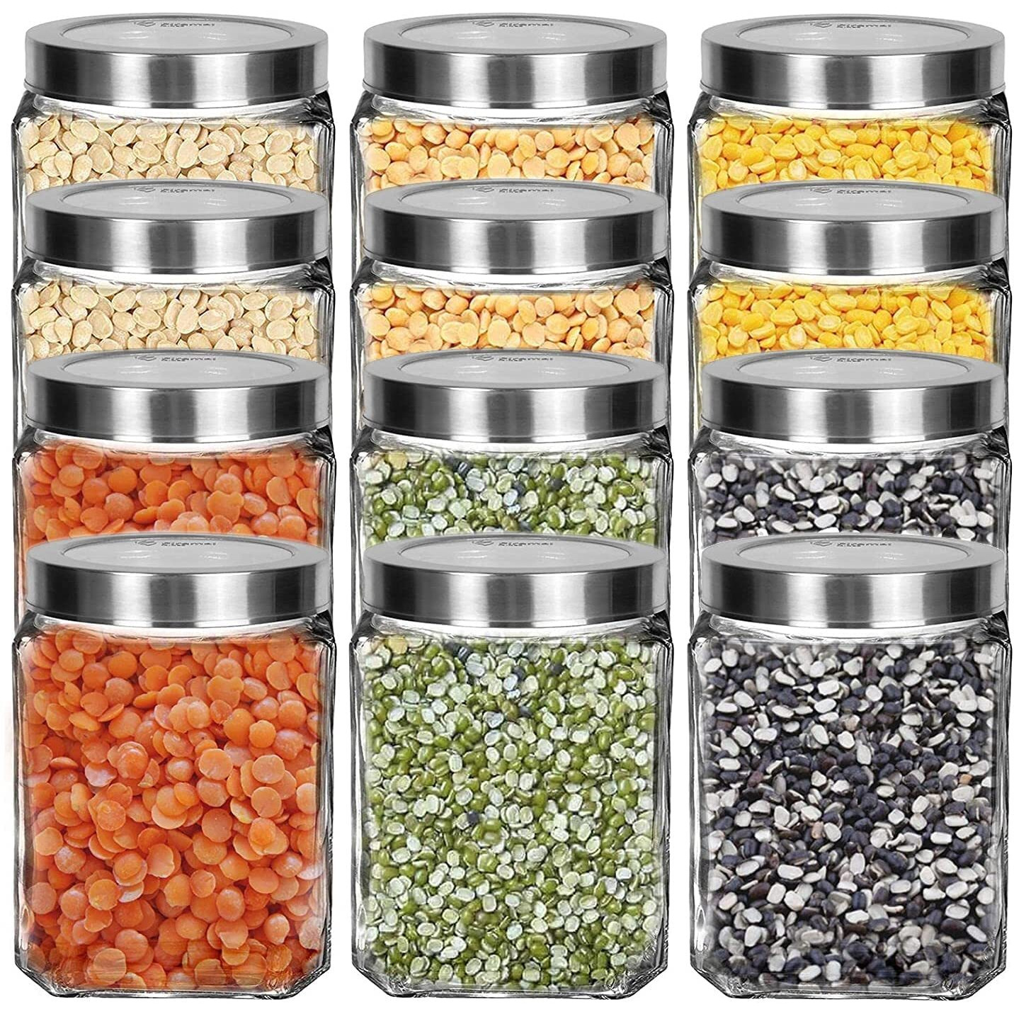 CLOUDMART Piramal Glass Square Clear Jars & Containers for Kitchen Pantry, Snacks, Masala, Honey, Pickles, Cookies, Coffee Beans Storage with Stainless Steel Lid (Cube Jar, 600ml, Set Of 12)