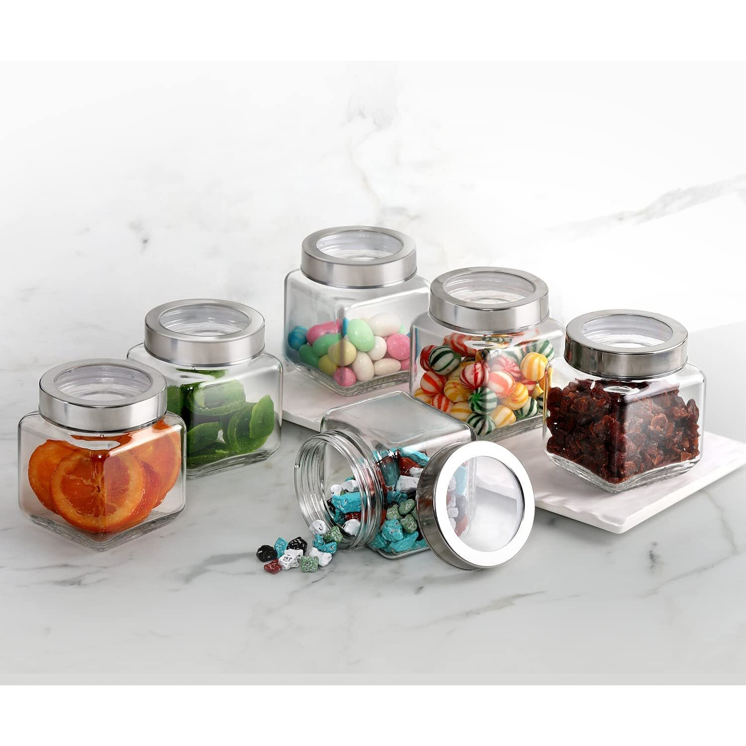 CLOUDMART Piramal Glass Square Clear Jars & Containers for Kitchen Pantry, Snacks, Masala, Honey, Pickles, Cookies, Coffee Beans Storage with Stainless Steel Lid (Cube Jar, 600ml, Set Of 12)