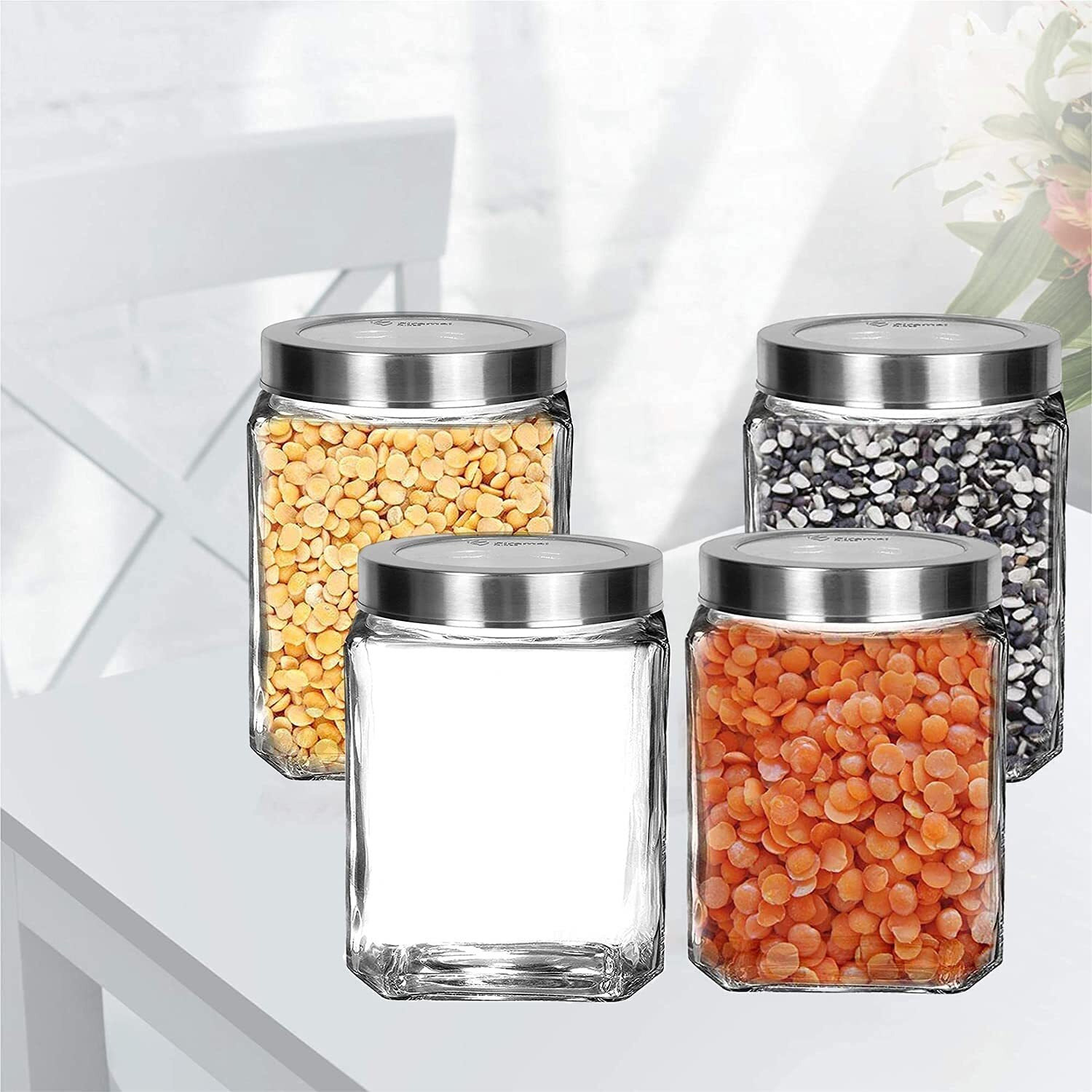 CLOUDMART Piramal Glass Square Clear Jars & Containers for Kitchen Pantry, Snacks, Masala, Honey, Pickles, Cookies, Coffee Beans Storage with Stainless Steel Lid (Cube Jar, 600ml, Set Of 12)