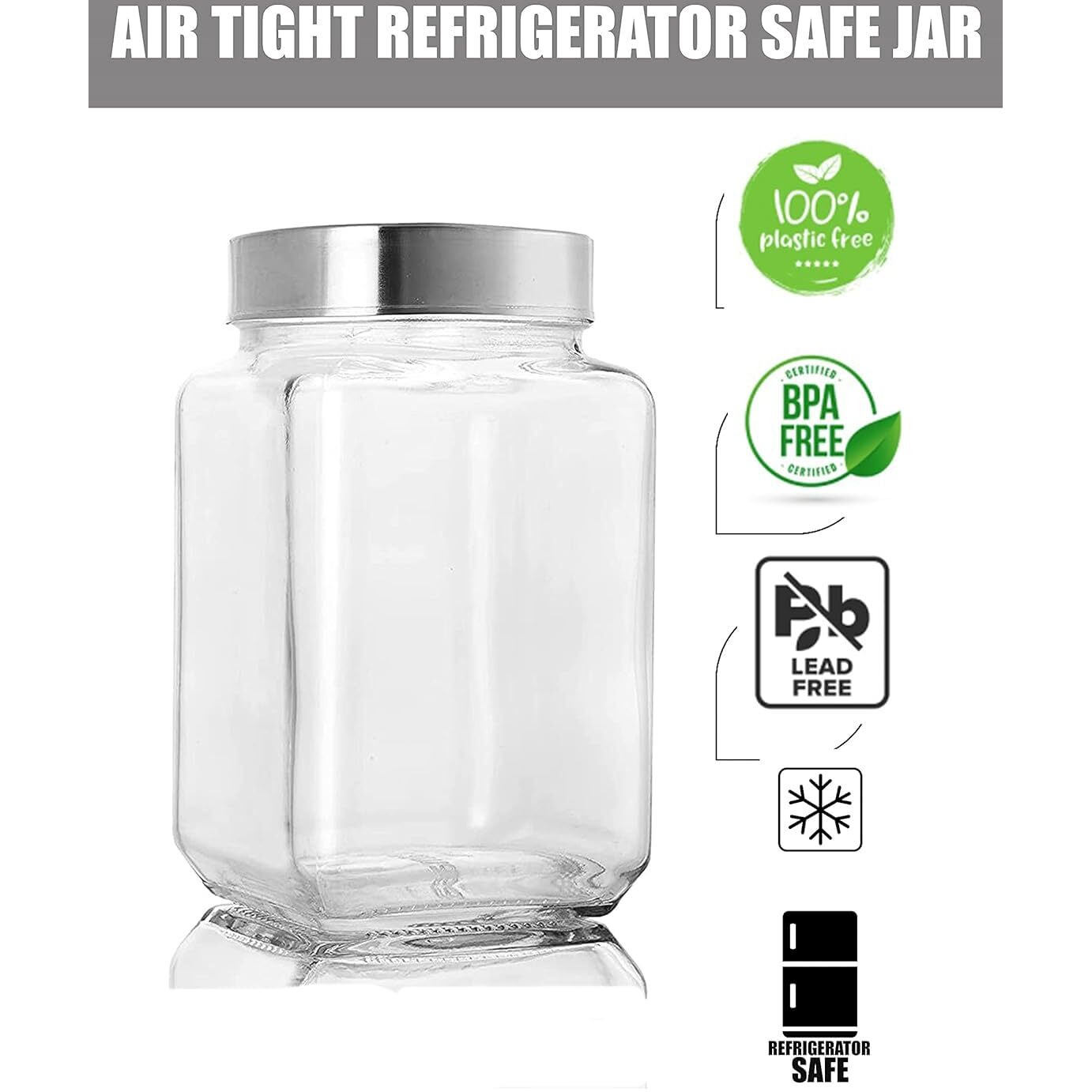 CLOUDMART 1.8 liter Clear Glass Jar Container With Airtight See through Steel Lid for home and kitchen||Pickle snacks pasta Coffee Sugar jar || Kitchen storage jar set (Cubical Square-1.8kg-set of 2)