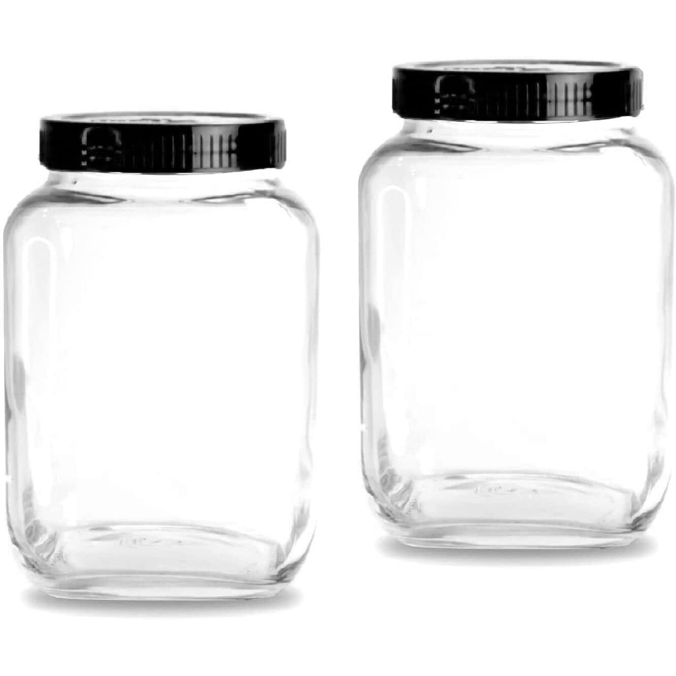 CLOUDMART Transparent Square 3000ml Glass jar With Black Plastic Airtight Lid for Kitchen Grocery Storage Container Kitchen Jar Set for Sugar Grains Aata Daal Pickles [ Black Lid, 3kg, set of 2 ]