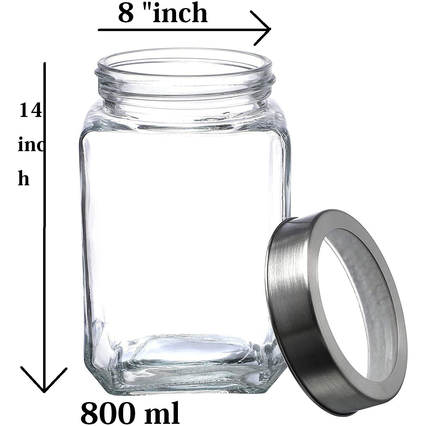 Piramal Square Glass jar with Airtight See Through Steel Lid,Canister Jar for kitchen item storage Pasta Grains Dal Tea Sugar Pickle Jar Snacks Container Kitchen jar set [Leakproof Lid-800ml-set of 4]