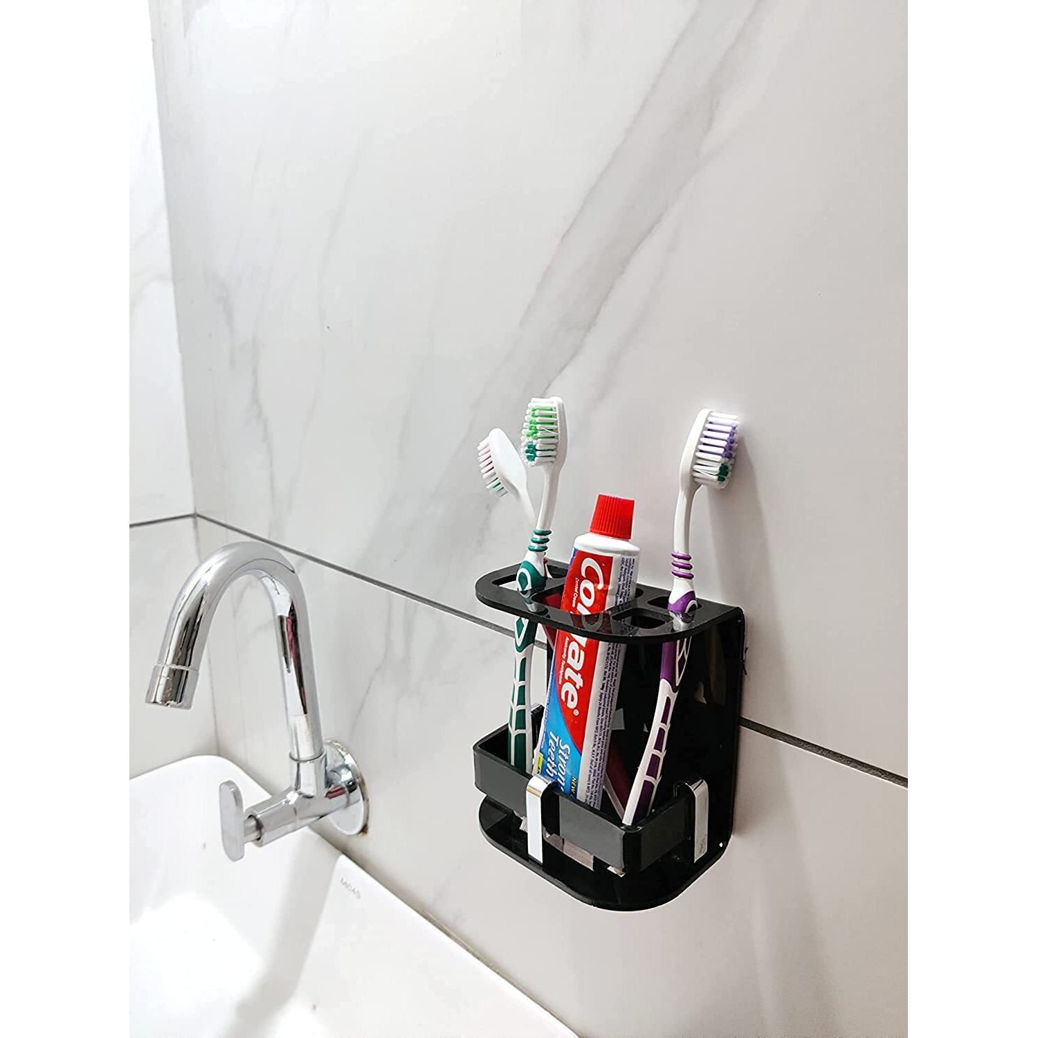 ZICOTO Wall Mounted self Adhesive Acrylic Tooth Brush Holder, Toothpaste Holder Stand, Tumbler Holder, Toothpaste for Bathroom Stand Organizer Rack for Bathroom Accessories (SMALL BLACK A.C)