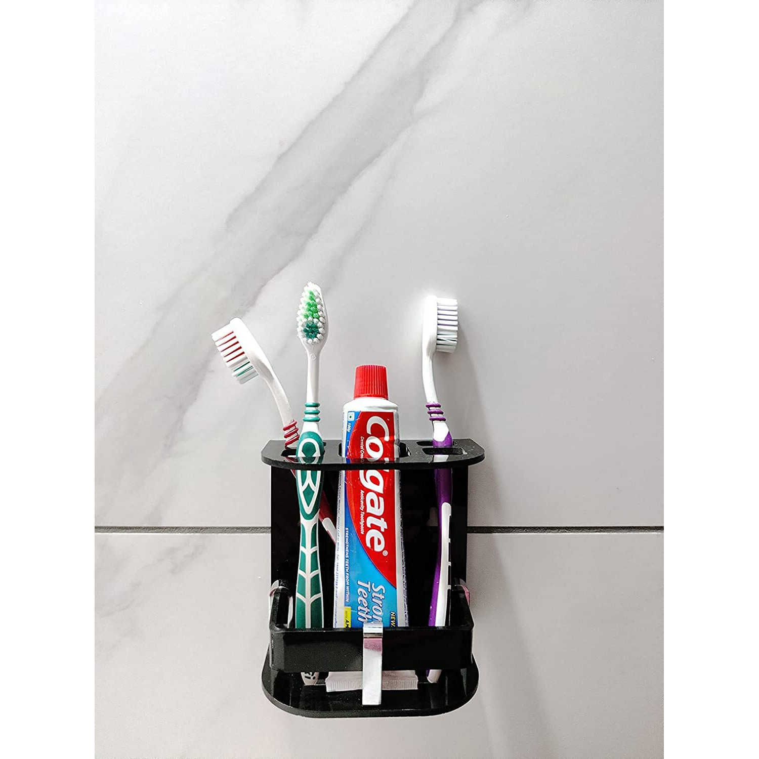 ZICOTO Wall Mounted self Adhesive Acrylic Tooth Brush Holder, Toothpaste Holder Stand, Tumbler Holder, Toothpaste for Bathroom Stand Organizer Rack for Bathroom Accessories (SMALL BLACK A.C)