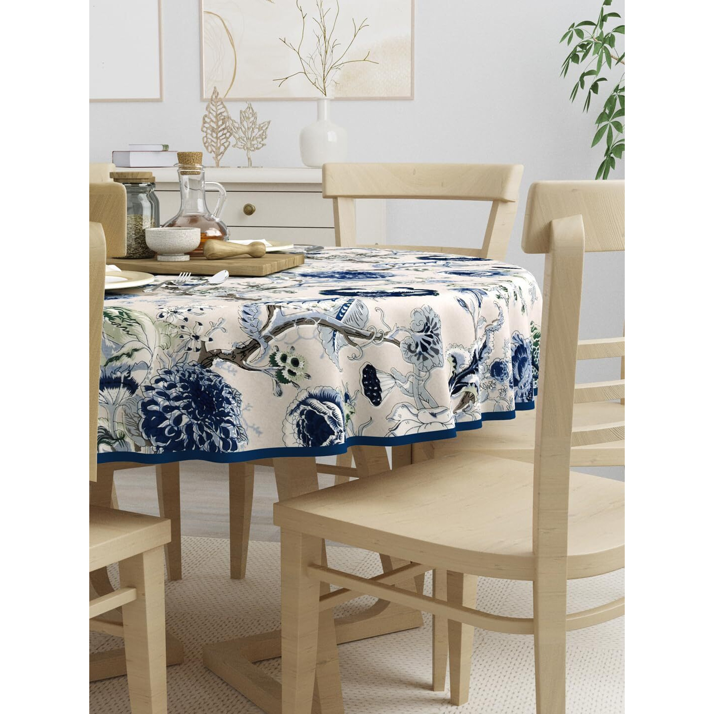 Clasiko 100% Cotton 6 Seater Round Table Cover 72x72 Inches Blue Flowers