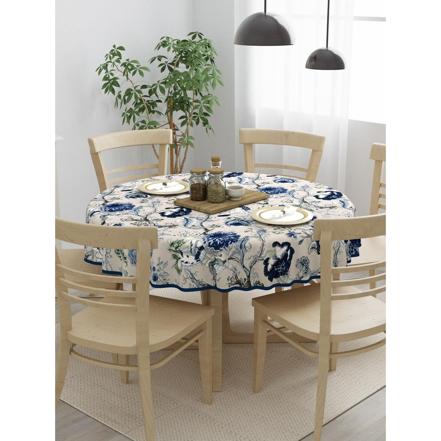 Clasiko 100% Cotton 6 Seater Round Table Cover 72x72 Inches Blue Flowers