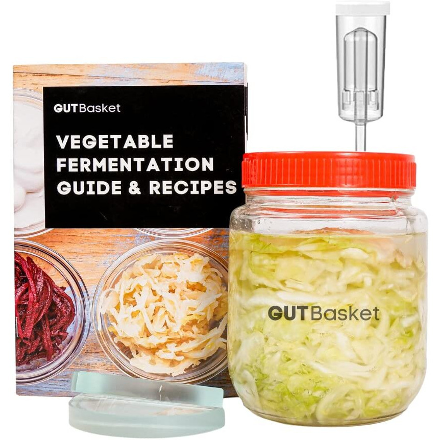 Gutbasket Fermented Vegetable Kit - Complete Fermentation Kit with Fermentation Glass Jar, Lids with Grommet, Airlock, and Recipe Book with 10 Recipes- Sauerkraut, Pickles, Beet Kvaas and More