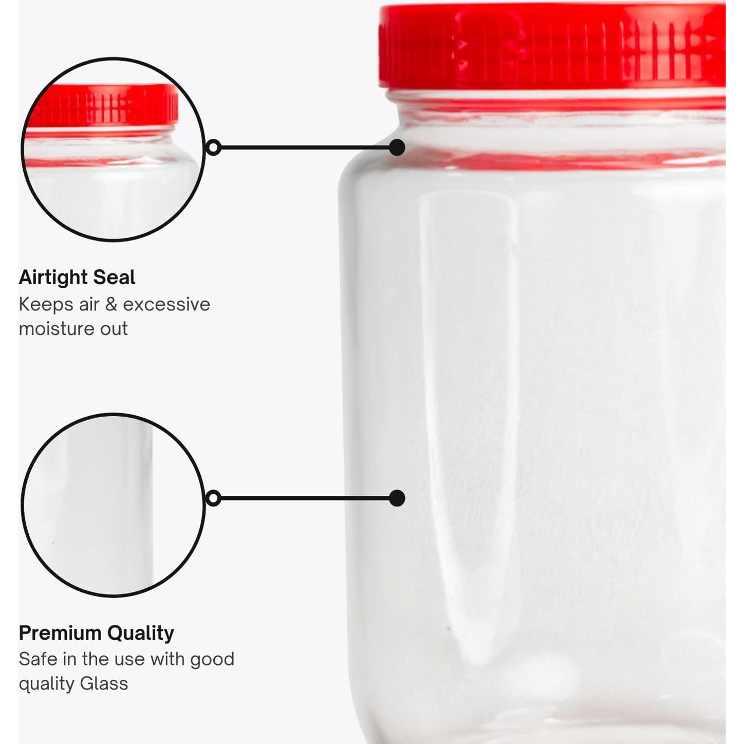 Feelopie Piramal Glass Jar 1.5litter Round pickle Jars for kitchen home storage Transparent airtight Glass Containers for Kitchen Pantry, Flour, Cereal, Masala, Dry Fruits|Red Cap(1500ml, Set of 1)