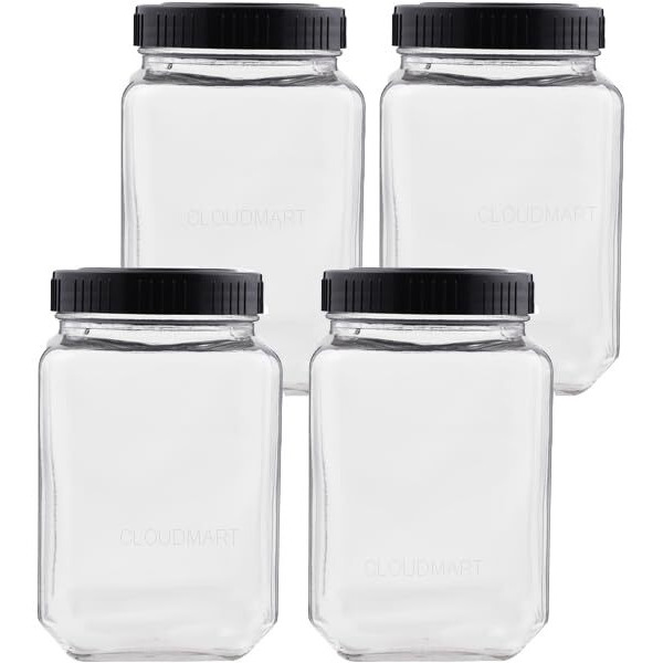 Cloudmart Transparent 1800ml Glass jar With Black Plastic Airtight Lid for Home and Kitchen Grocery Storage Container || KitchenJar Set for Sugar Grains Aata Daal Pickles Nuts[Square,1.8kg, set of 2 ]