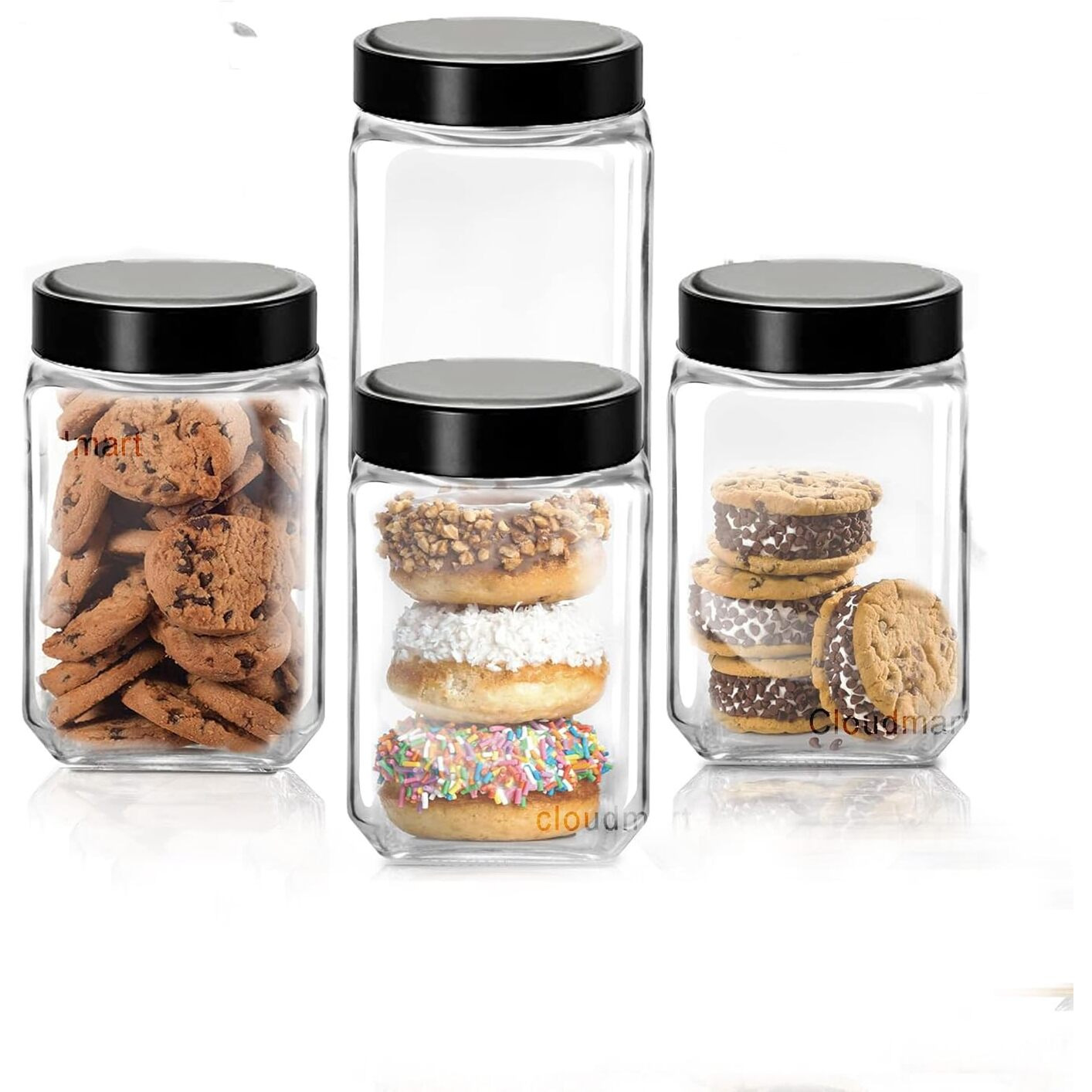 Piramal Square Shape Glass jar With Black Plastic Lid Glass Container for Home and kitchen storage Snacks,spices,Pickles,Cookies,DryFruits,Coffee Beans Wide Mouth coffee sugar tea jar (800ml,set of 4)