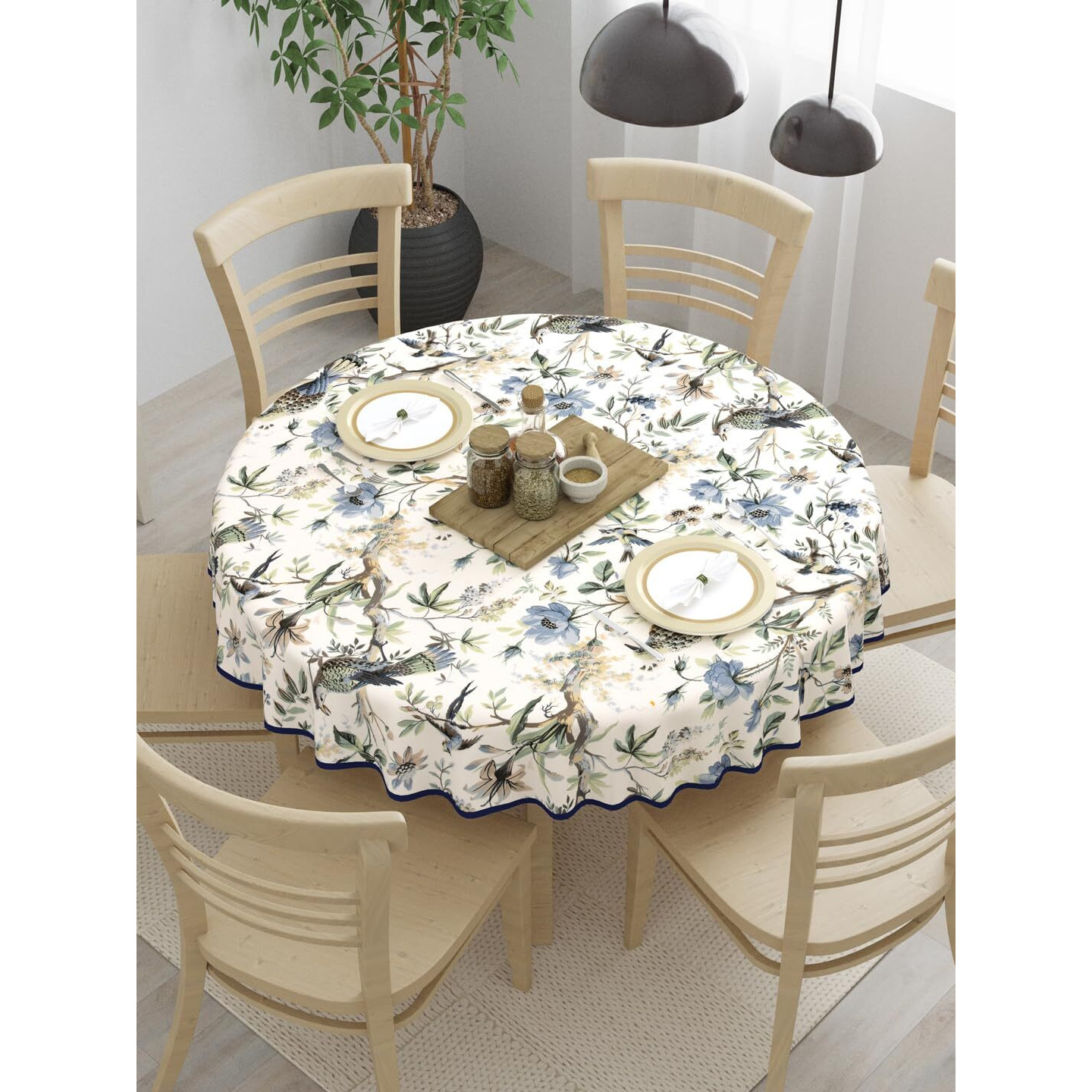 Clasiko 100% Cotton 6 Seater Round Table Cover 72x72 Inches Blue Flowers & Birds