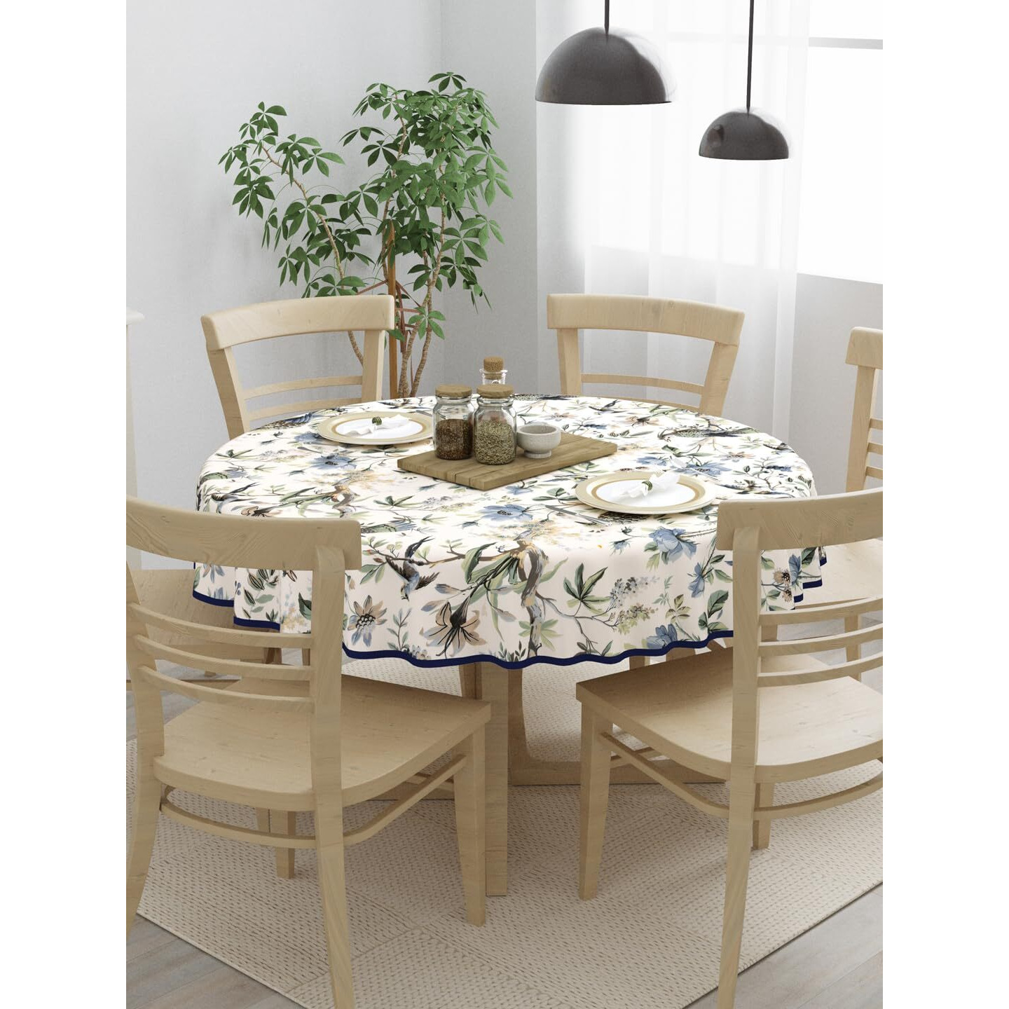 Clasiko 100% Cotton 6 Seater Round Table Cover 72x72 Inches Blue Flowers & Birds