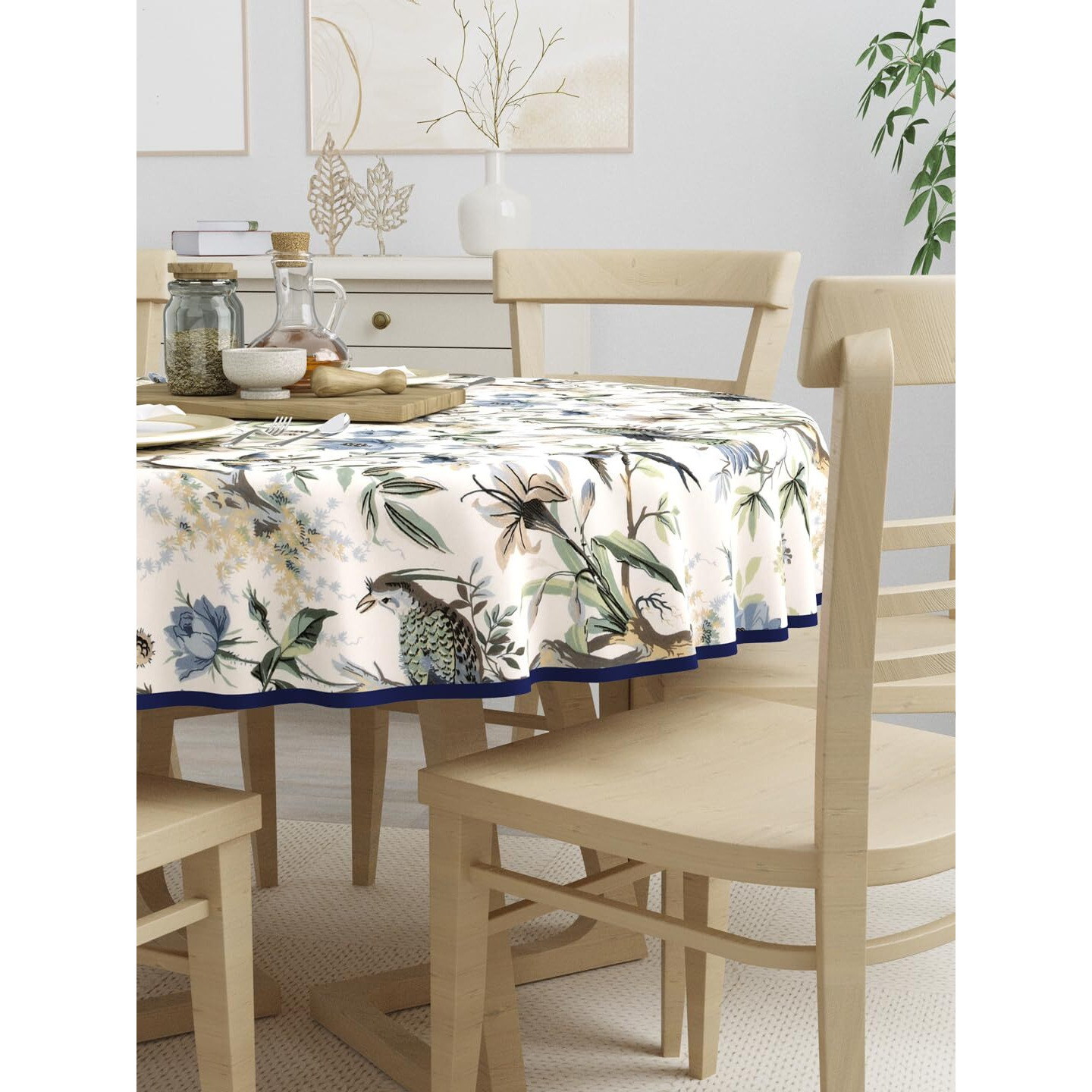 Clasiko 100% Cotton 6 Seater Round Table Cover 72x72 Inches Blue Flowers & Birds