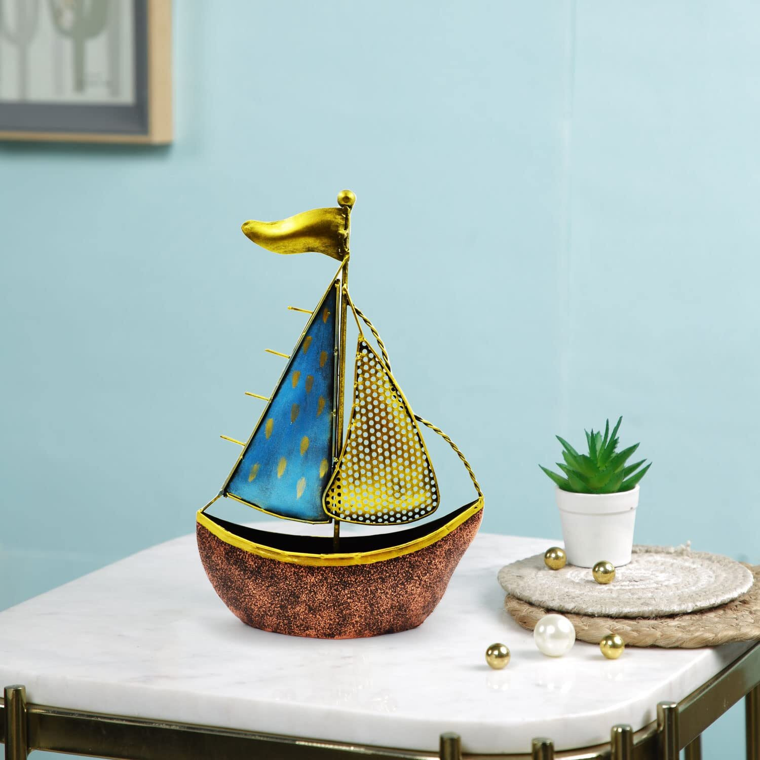 CraftVatika Metal Turkish Ship Boat Naav Showpiece Figurine for Home Decor Living Room Tabletop Desktop Side Corner, Home Decorative Items (12 Inches Height), Multi Colour