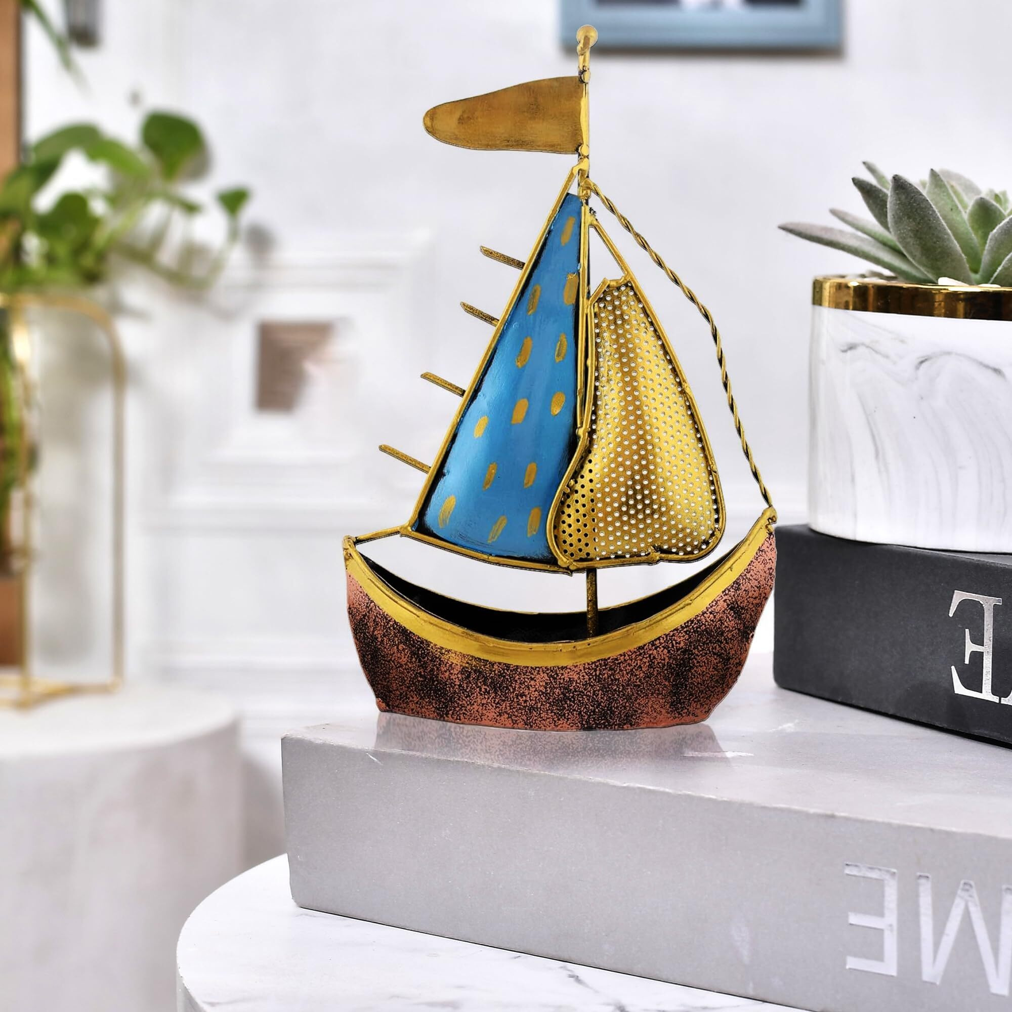 CraftVatika Metal Turkish Ship Boat Naav Showpiece Figurine for Home Decor Living Room Tabletop Desktop Side Corner, Home Decorative Items (12 Inches Height), Multi Colour