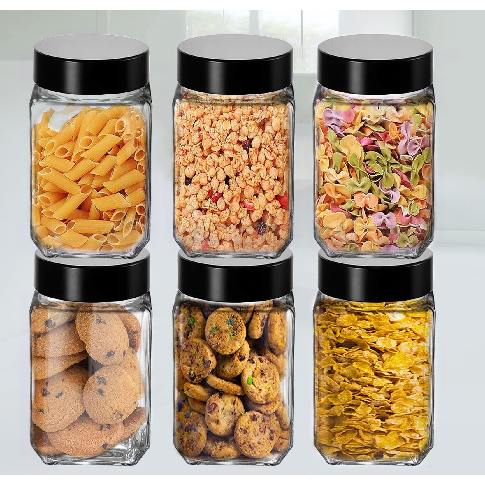 Piramal Glass Square Clear Jars & Containers for Kitchen Pantry, Snacks, Masala, Honey, Pickles, Cookies, Dry Fruits, Coffee Beans Storage with Black Color Plastic Lid (Cube Jar) (300ml, Set Of 6)