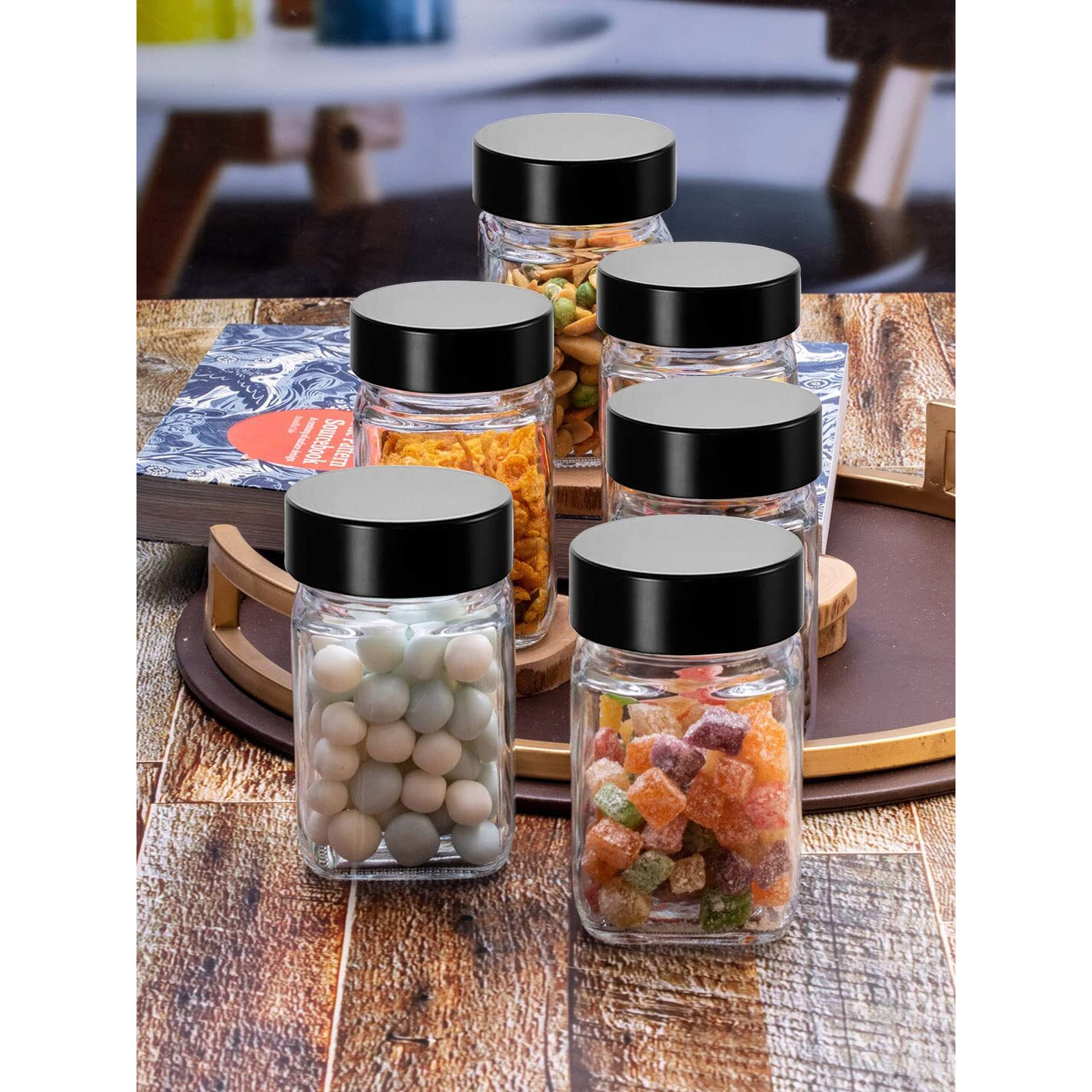 Piramal Glass Square Clear Jars & Containers for Kitchen Pantry, Snacks, Masala, Honey, Pickles, Cookies, Dry Fruits, Coffee Beans Storage with Black Color Plastic Lid (Cube Jar) (300ml, Set Of 6)