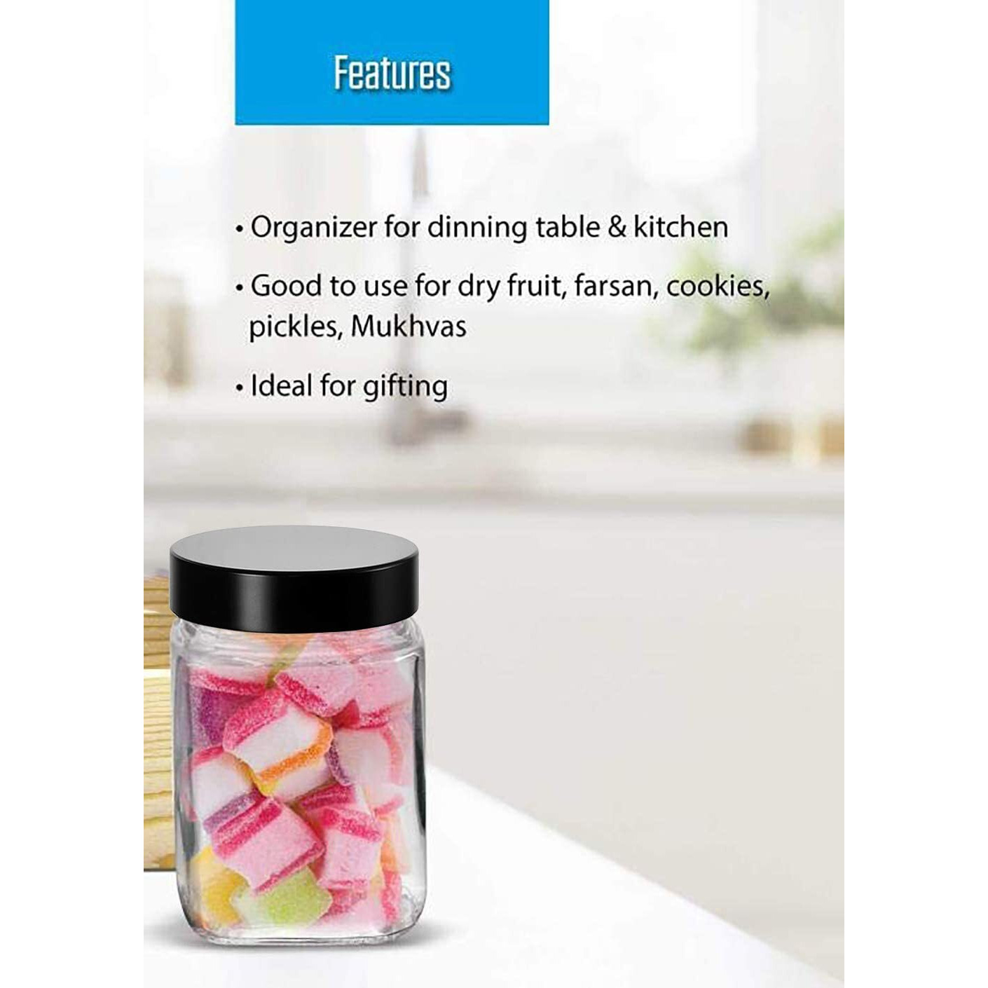 Piramal Glass Square Clear Jars & Containers for Kitchen Pantry, Snacks, Masala, Honey, Pickles, Cookies, Dry Fruits, Coffee Beans Storage with Black Color Plastic Lid (Cube Jar) (300ml, Set Of 6)