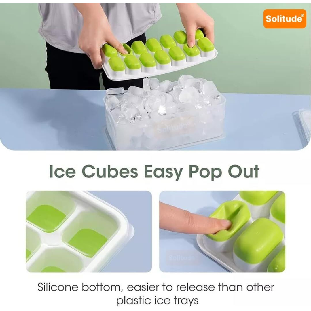 Solitude 3 Pcs Silicone Pop Up Square Ice Cube Trays for Freezer with Lid Easy Release Flexible Bottom, Stackable, 100% BPA Free, Food Grade for Freezer, Cocktail