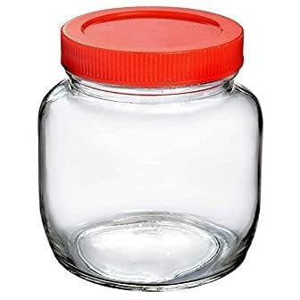 Feelopie Piramal Glass Jar 250 ml Round pickle Jars for kitchen home storage Transparent airtight Glass Containers for Kitchen Pantry, Flour, Cereal, Masala, Dry Fruits|Red Cap(250ml, Set of 4)