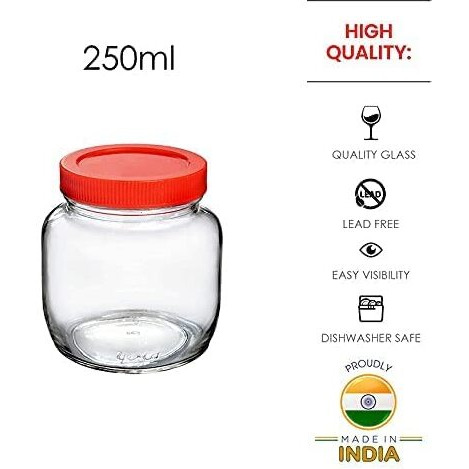 Feelopie Piramal Glass Jar 250 ml Round pickle Jars for kitchen home storage Transparent airtight Glass Containers for Kitchen Pantry, Flour, Cereal, Masala, Dry Fruits|Red Cap(250ml, Set of 4)