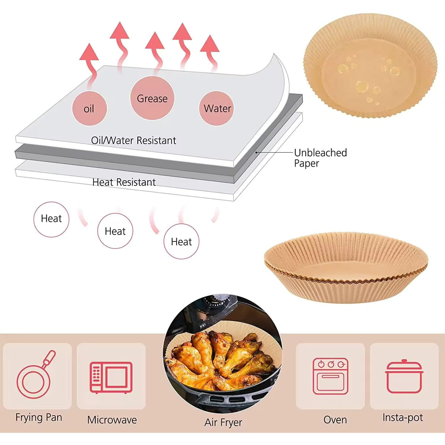 NIRDAMBHAY (Pack of 150) Baking Paper & Cooking Paper Tray Round Air Fryer Oven Microwave Safe Non-Stick Food Safe Butter Paper Plate Parchment Paper for Baking Cake, Fries, Chicken (160mm*45mm)