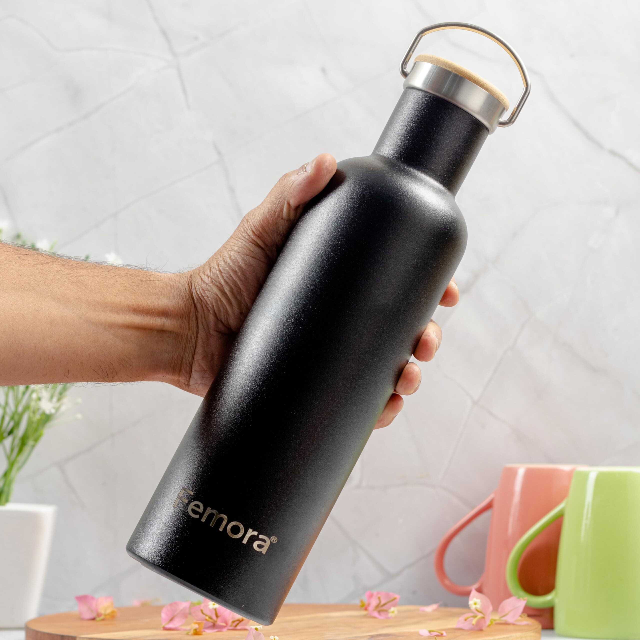 Femora Melissa Stainless Steel Double Insulated Water Bottle, 900 ML, Black((Thermo Steel)