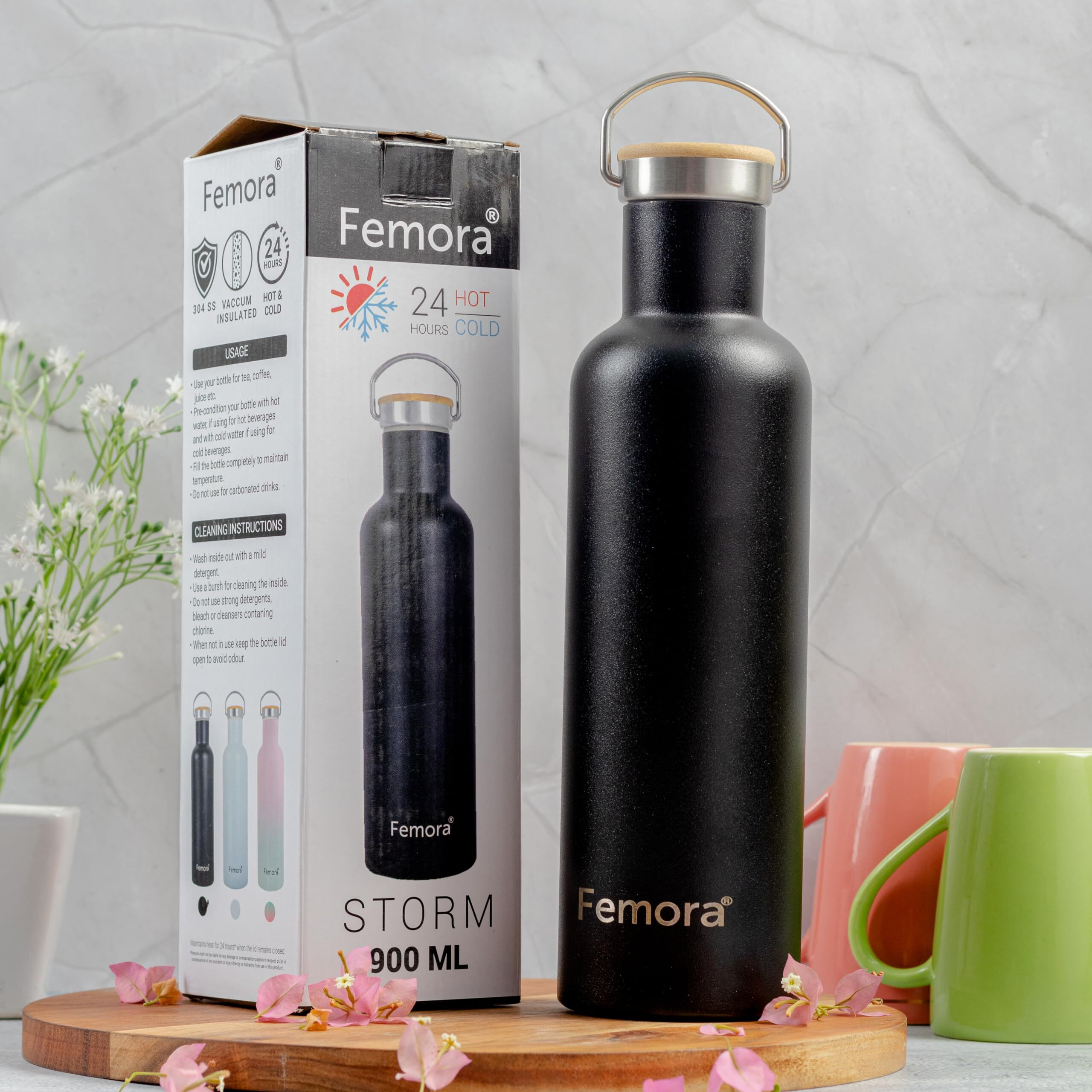 Femora Melissa Stainless Steel Double Insulated Water Bottle, 900 ML, Black((Thermo Steel)