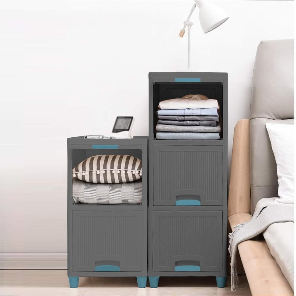 HOLLIO Foldable Plastic Cabinet For Storage Wardrobe For Clothes Plastic Cupboard For Clothes Modular Drawer Storage Chest Of Drawers Organizer Storage Box (1 Layer, GREY)