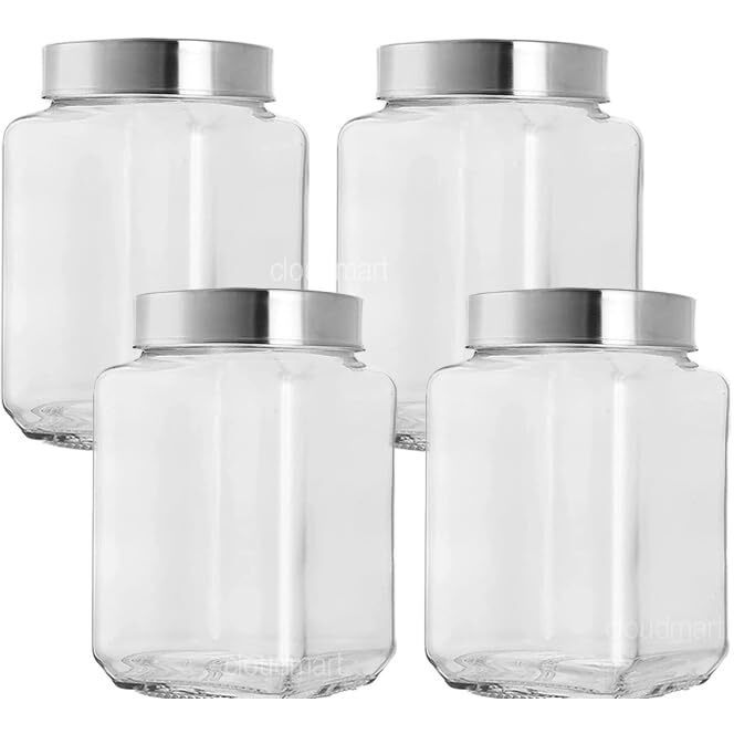 CLOUDMART 1.8 liter Clear Glass Jar Container With Airtight See through Steel Lid for home and kitchen||Pickle snacks pasta Coffee Sugar jar || Kitchen storage jar set (Cubical Square-1.8kg-set of 4)