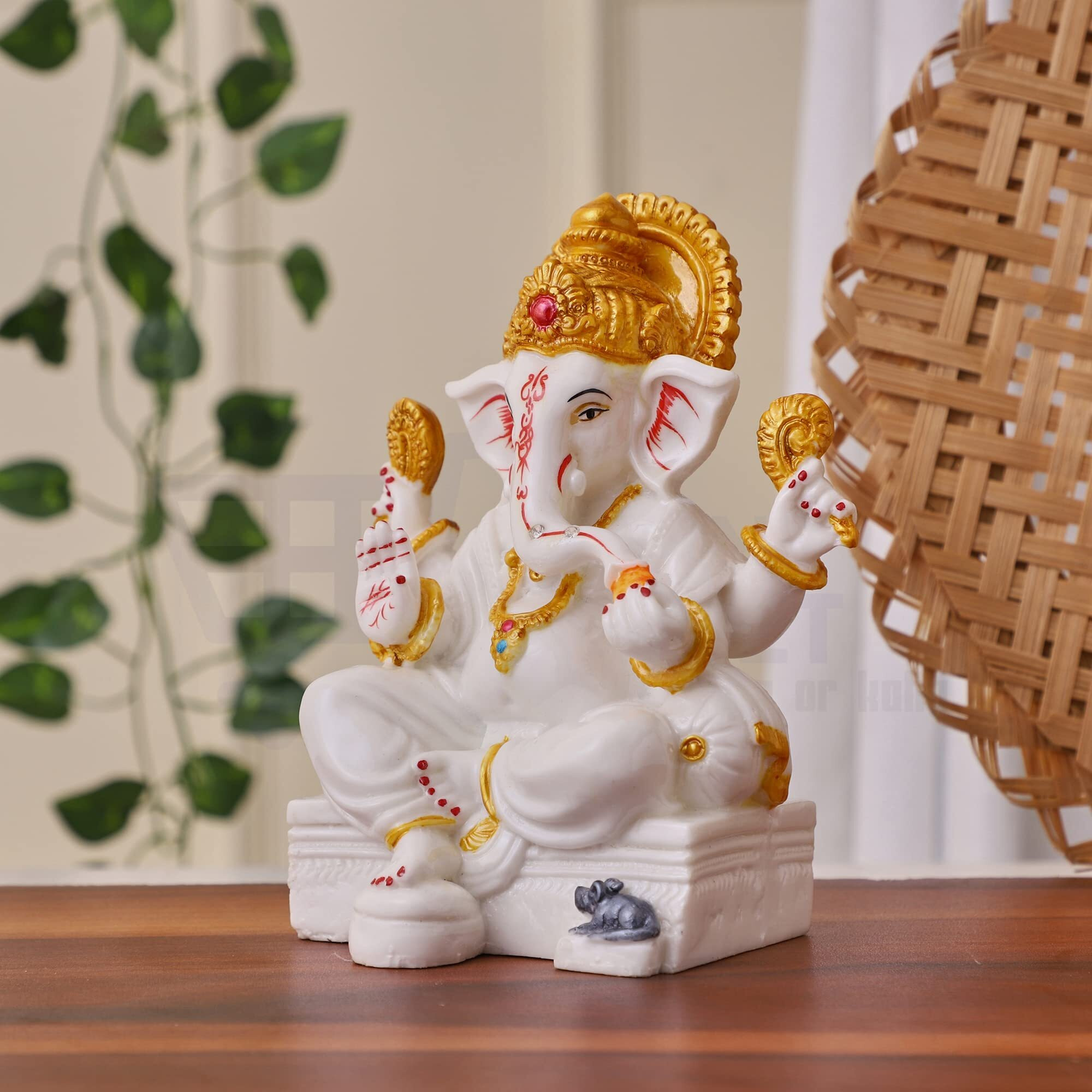 APNIMARKET Marble Dust Ganesh Idol | Vinayaka Statue | Ganpati Murti | Ganesha Idol for Home Decor |Ganesh Idol for Diwali - White 7 inch Ganpati Idol