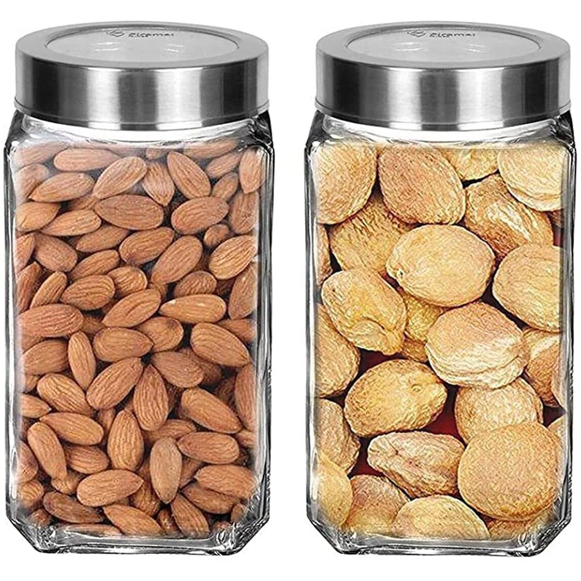 Piramal Glass Square Clear Jars & Containers for Kitchen Pantry, Snacks, Masala, Honey, Pickles, Cookies, Dry Fruits, Coffee Beans Storage with Stainless Steel Lid (Cube Jar) (1000ml, Set Of 2)