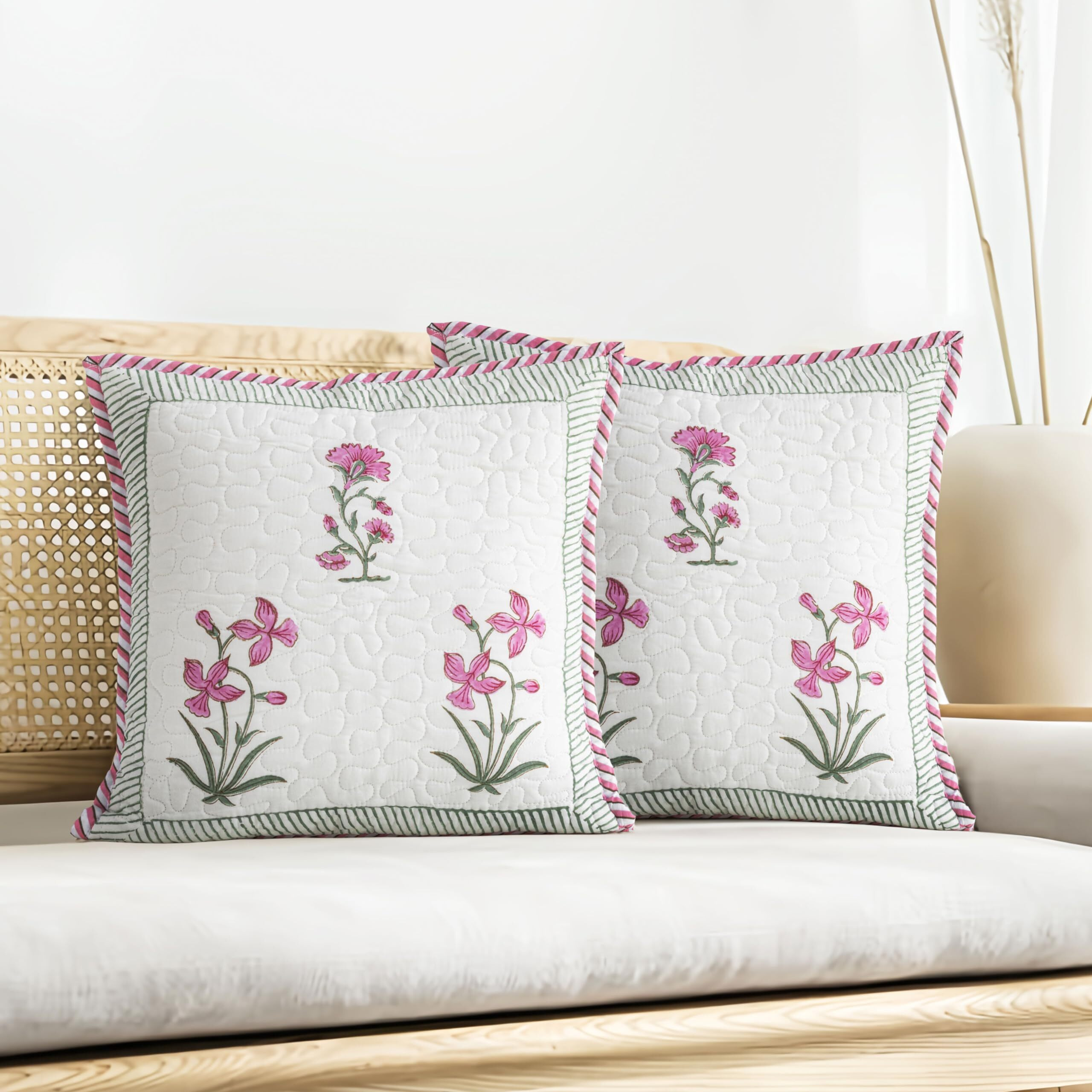 HOMEMONDE Premium Cotton Cushion Cover - Quilted Soft 16 X 16 Inches Square Pillowcase Floral Hand Block Print, Pink, Pack Of 1, 300 TC